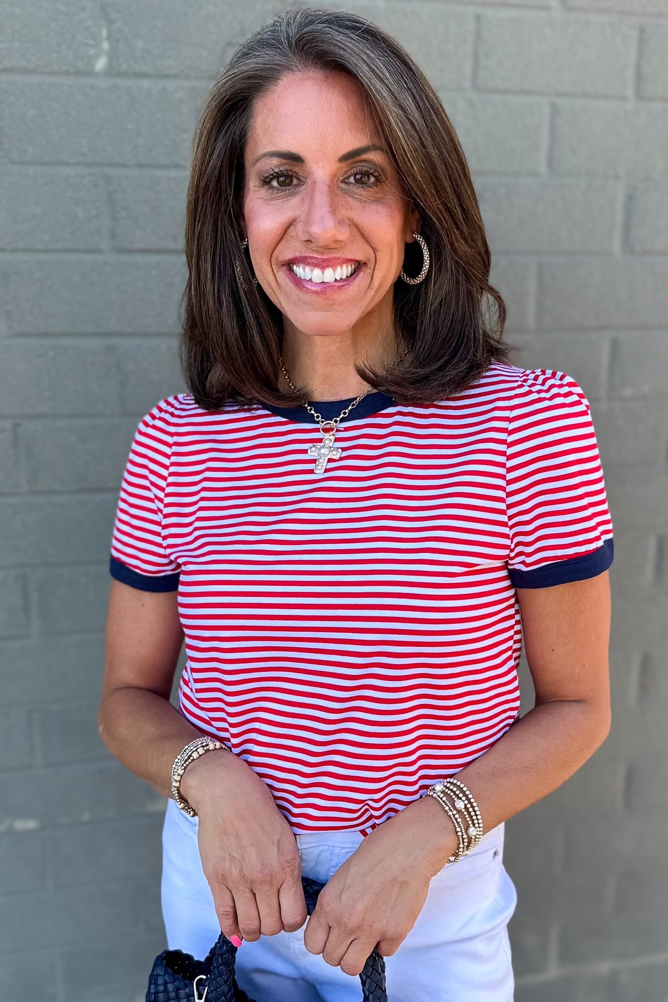 Red Stripe Navy Color Trim Top