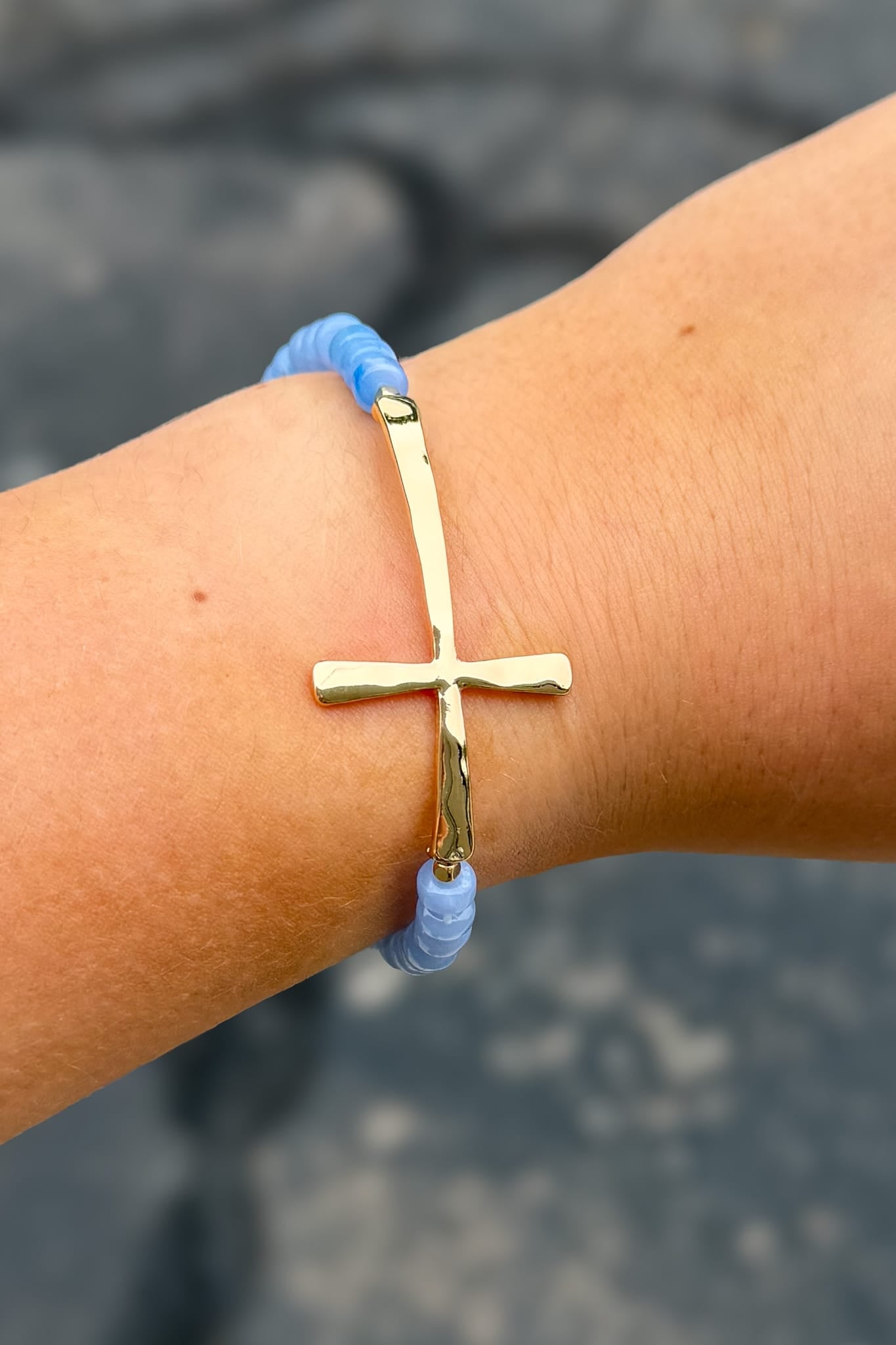 Light Blue Marble Cross Beaded Bracelet