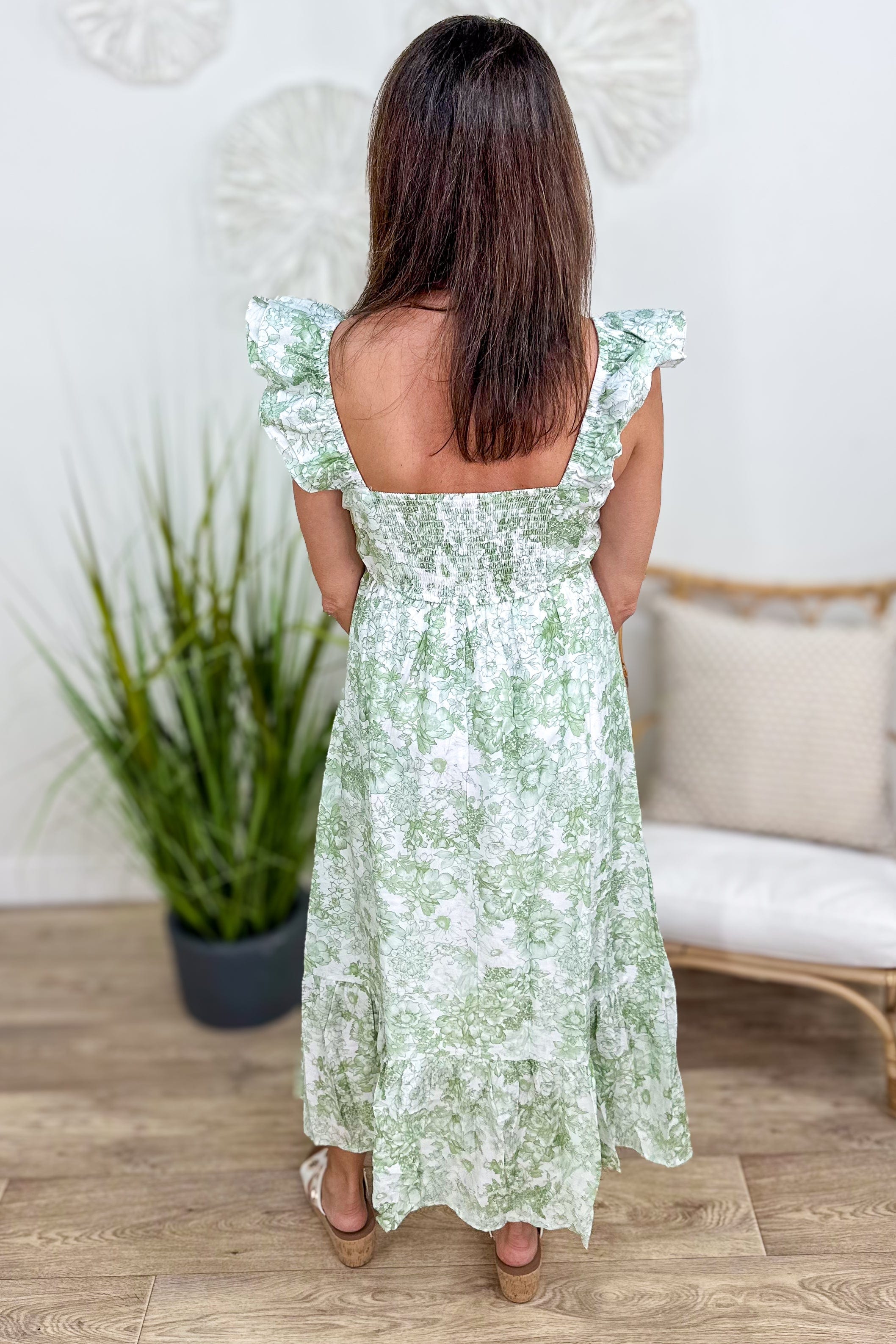 Green Vintage Floral Pleated Top Dress back