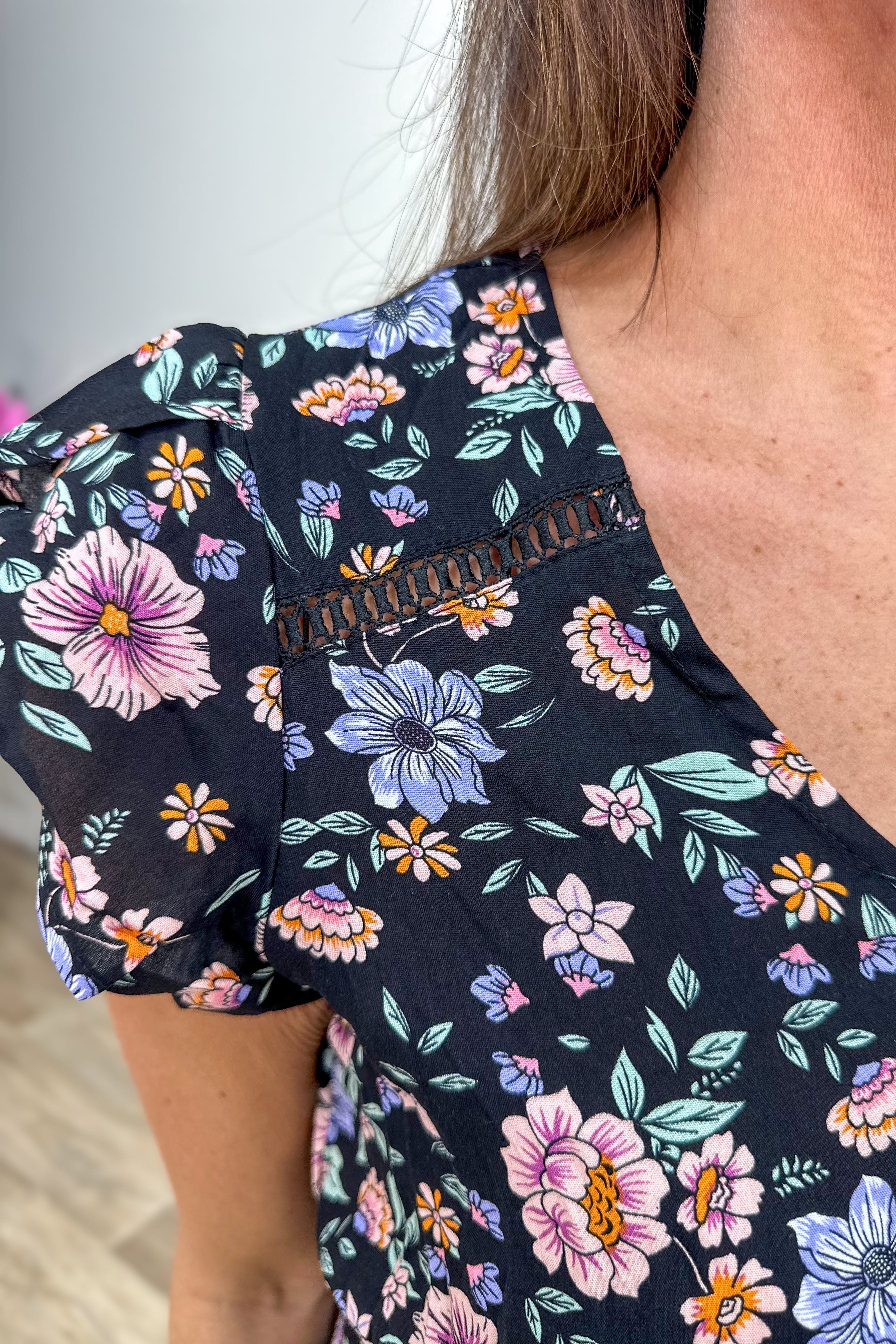 Black Floral Border Maxi Dress detailed