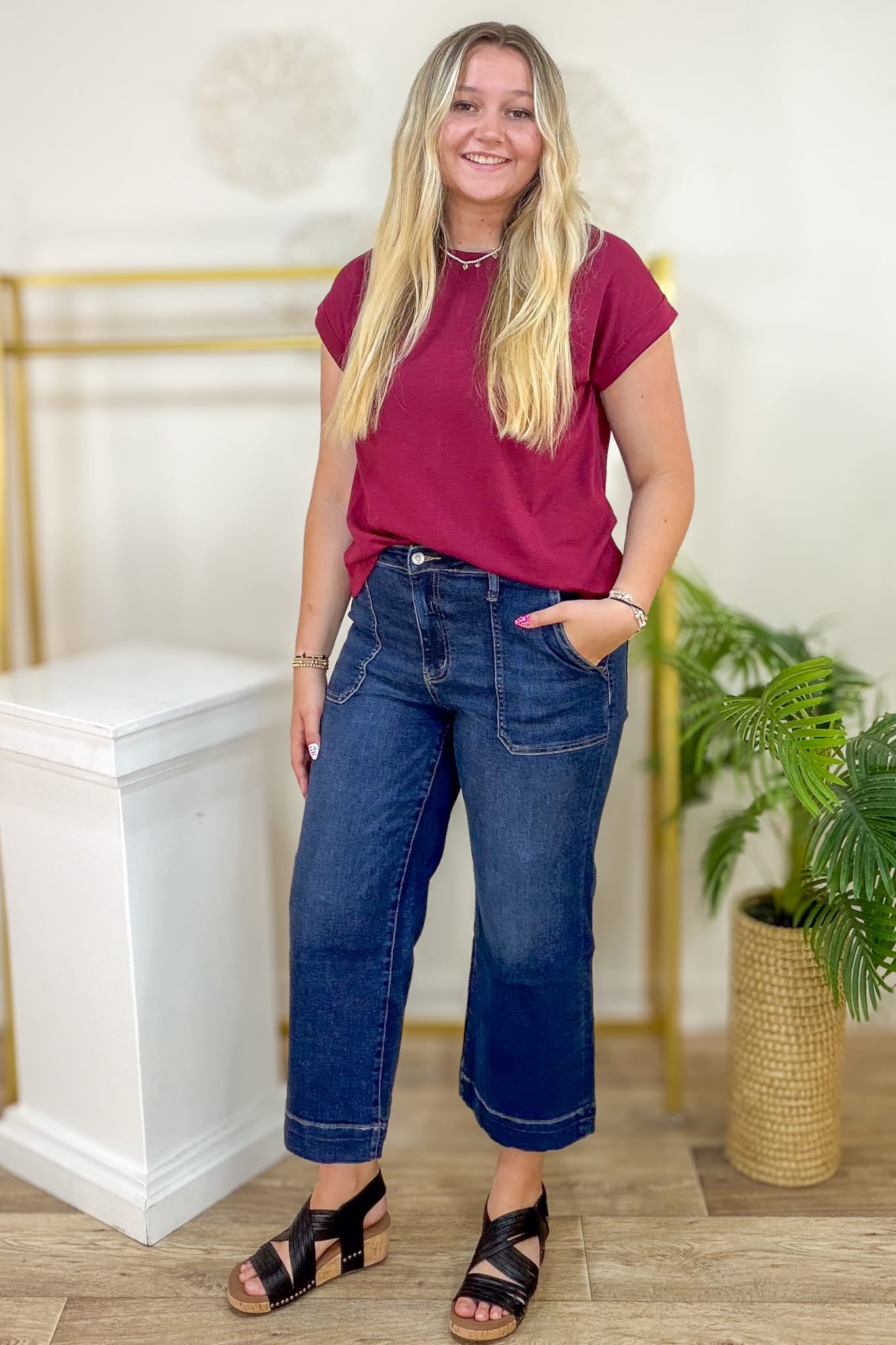 Dark Utility Pocket Cropped Wide Leg Denim