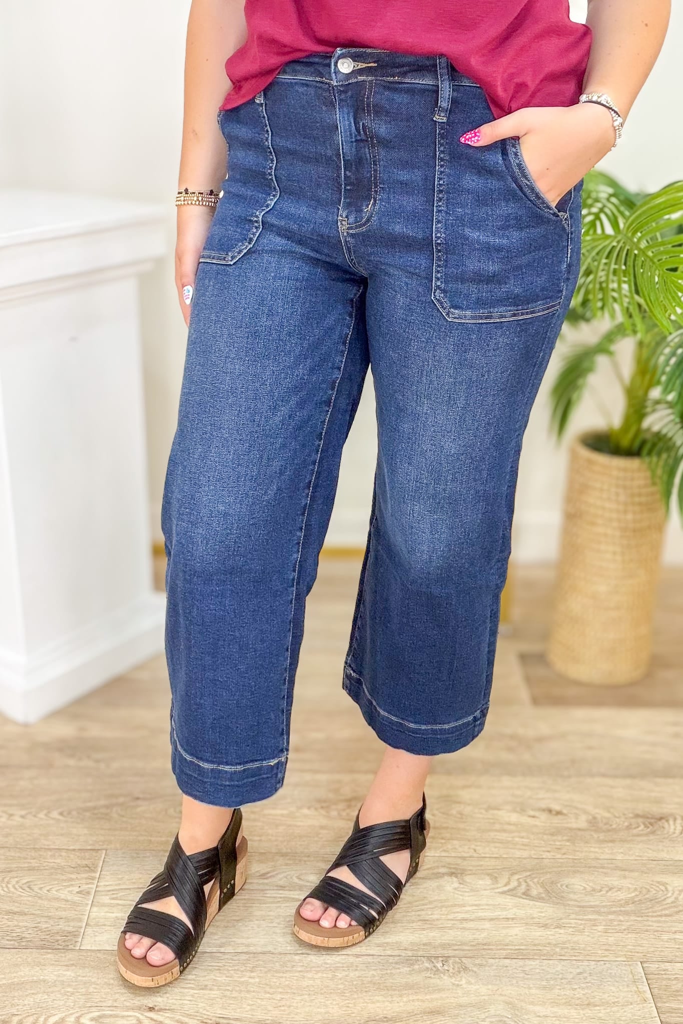 Dark Utility Pocket Cropped Wide Leg Denim