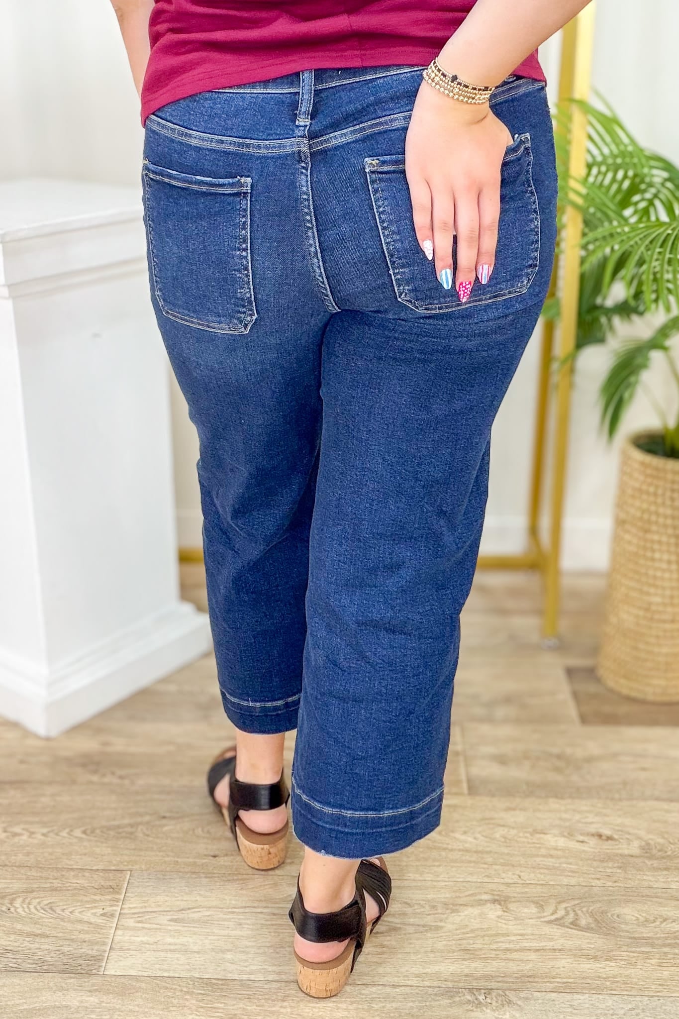Dark Utility Pocket Cropped Wide Leg Denim Back