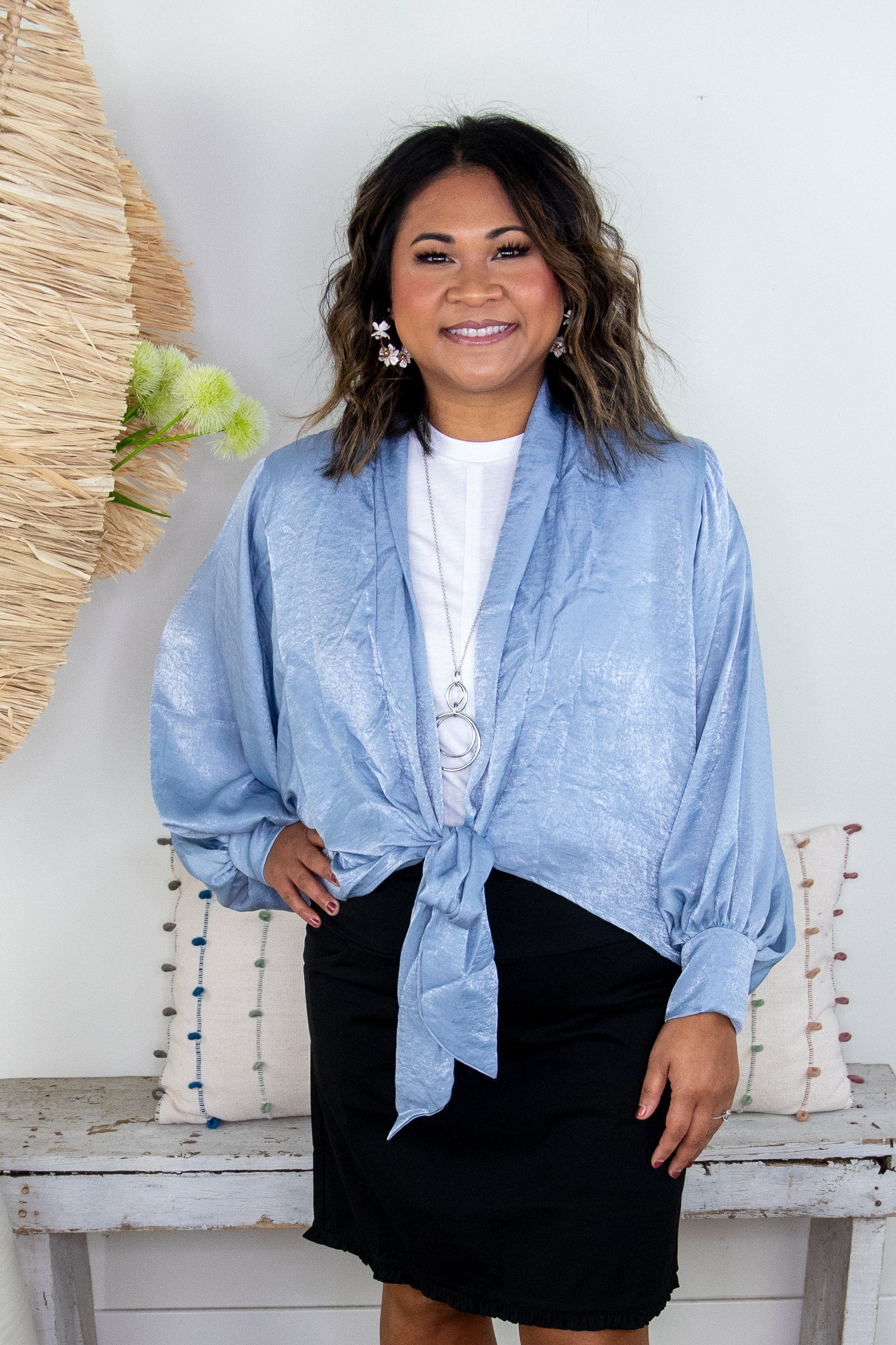 Shimmer Blue Front Tie Cardigan