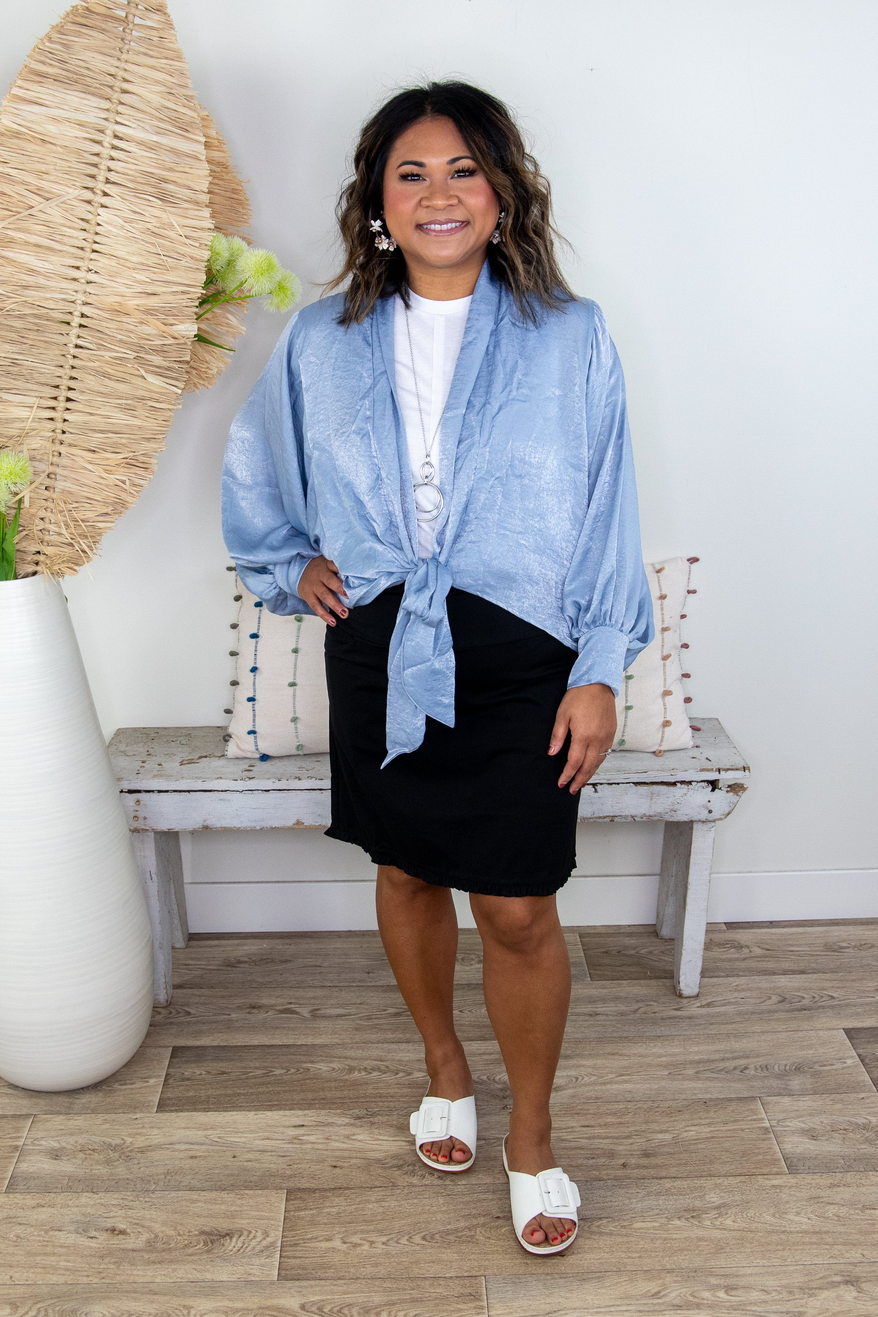 Shimmer Blue Front Tie Cardigan Styled