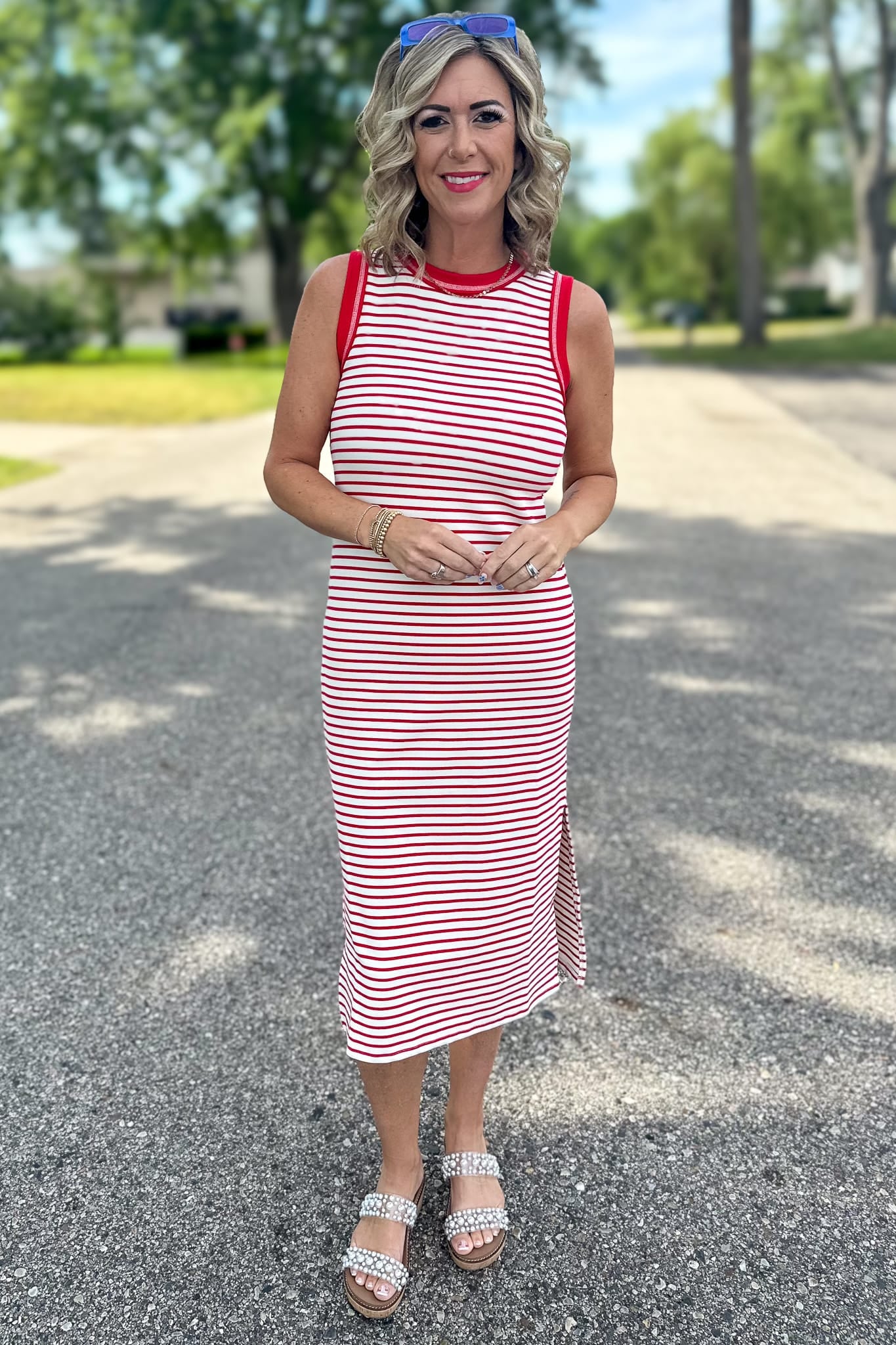 Red Stripe Contrast Midi Dress