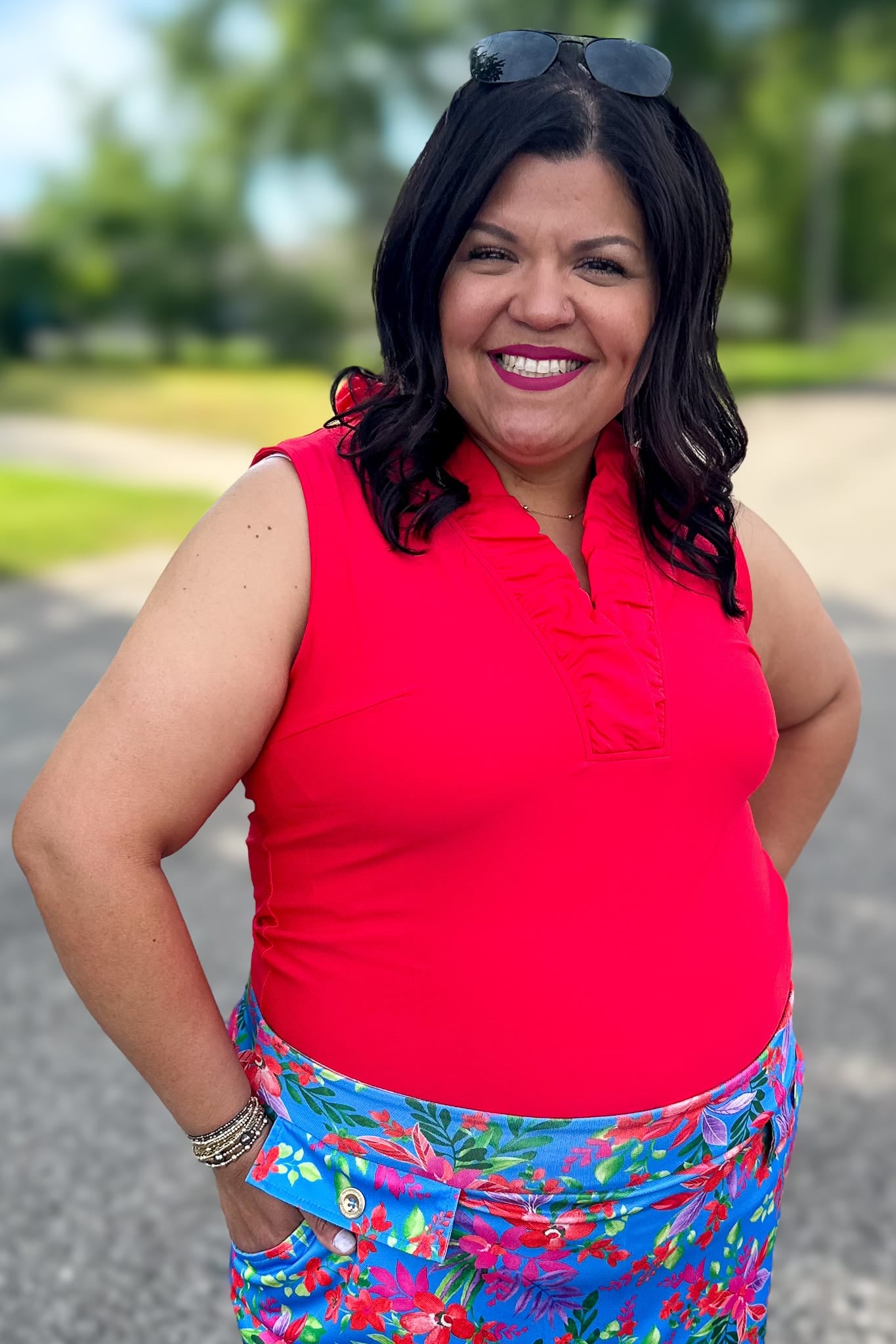 Red Evelyn Ruffle Neck Sleeveless Top
