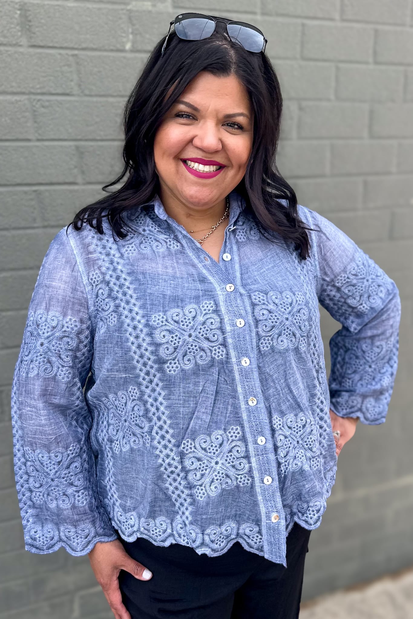 Denim Petal Tile Scallop Hem Shirt