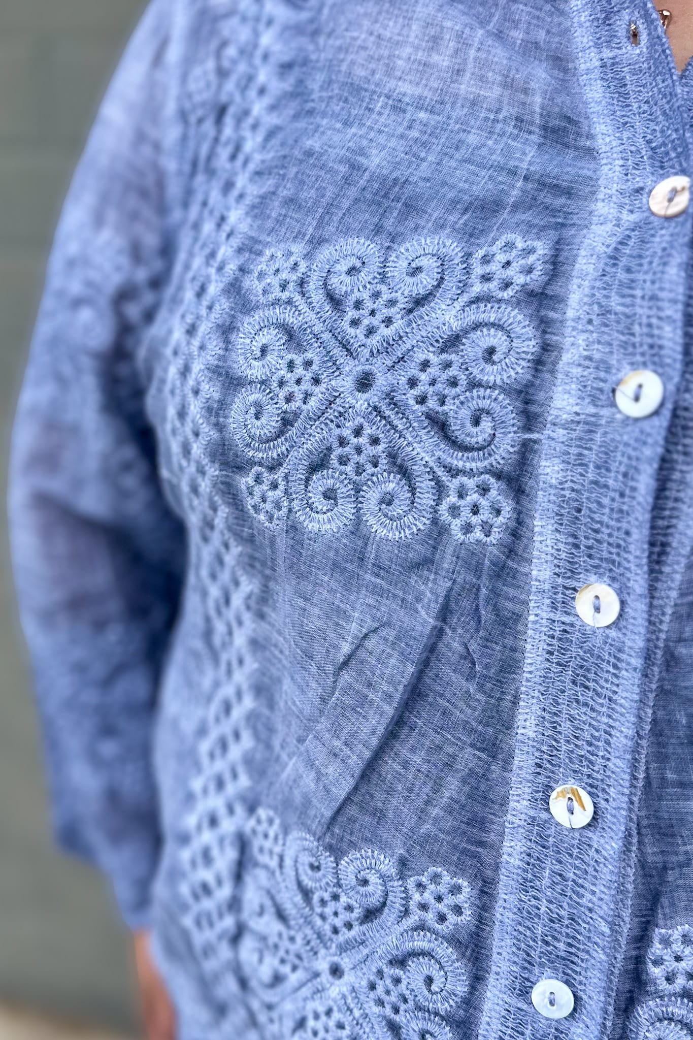 Denim Petal Tile Scallop Hem Shirt Detailed