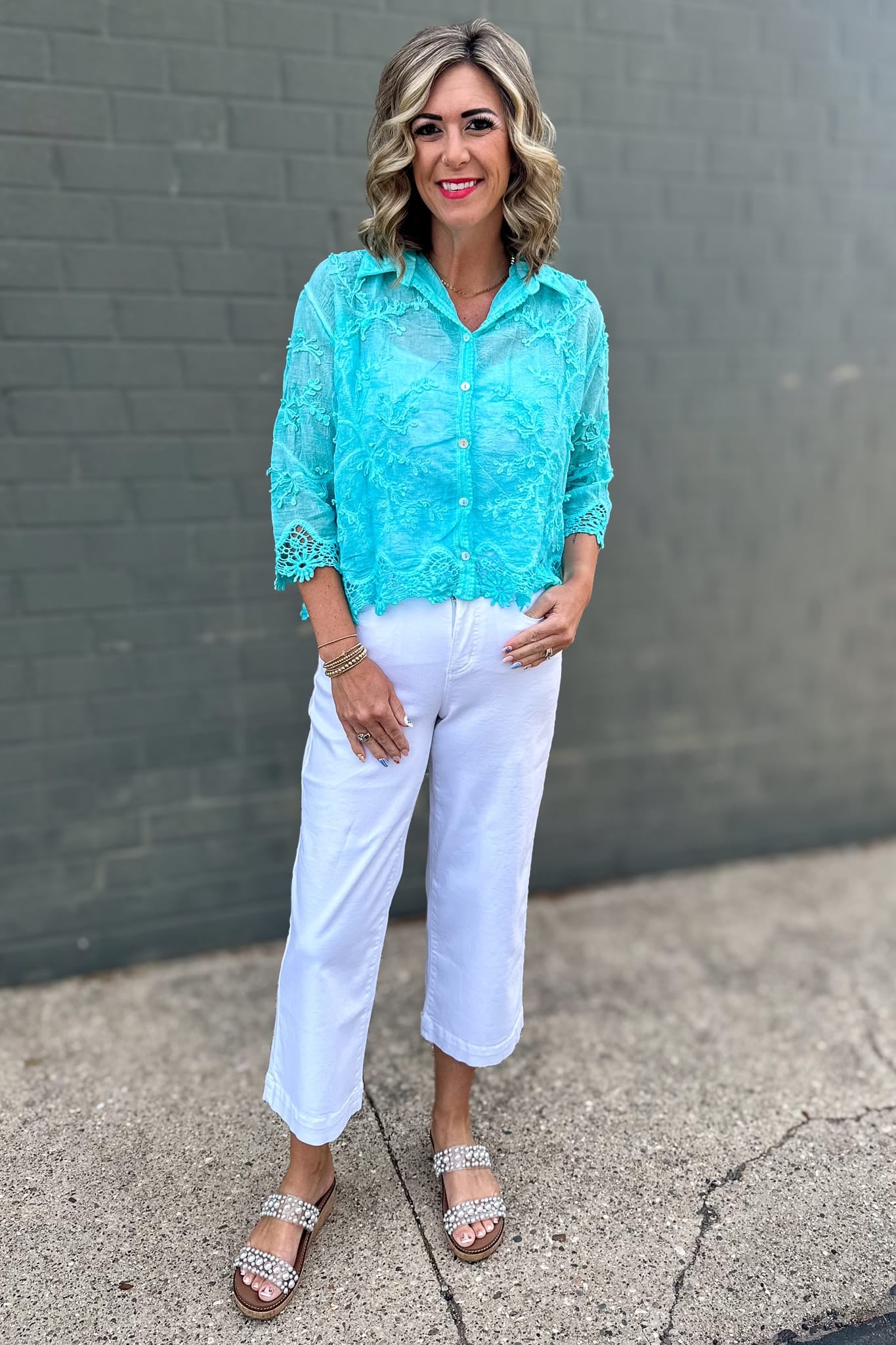 Turquoise Floral Applique Mineral Wash Top Styled