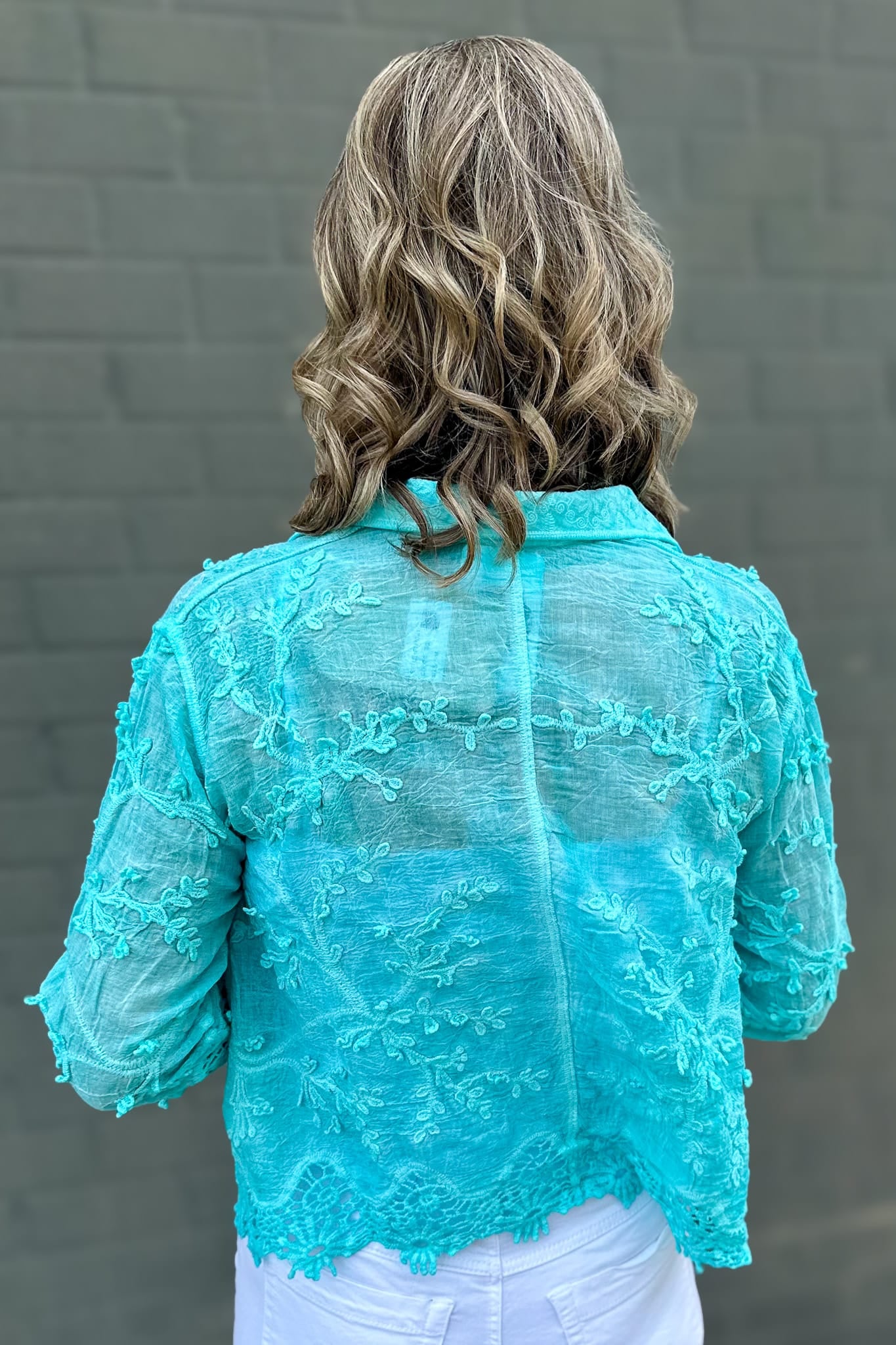 Turquoise Floral Applique Mineral Wash Top Back