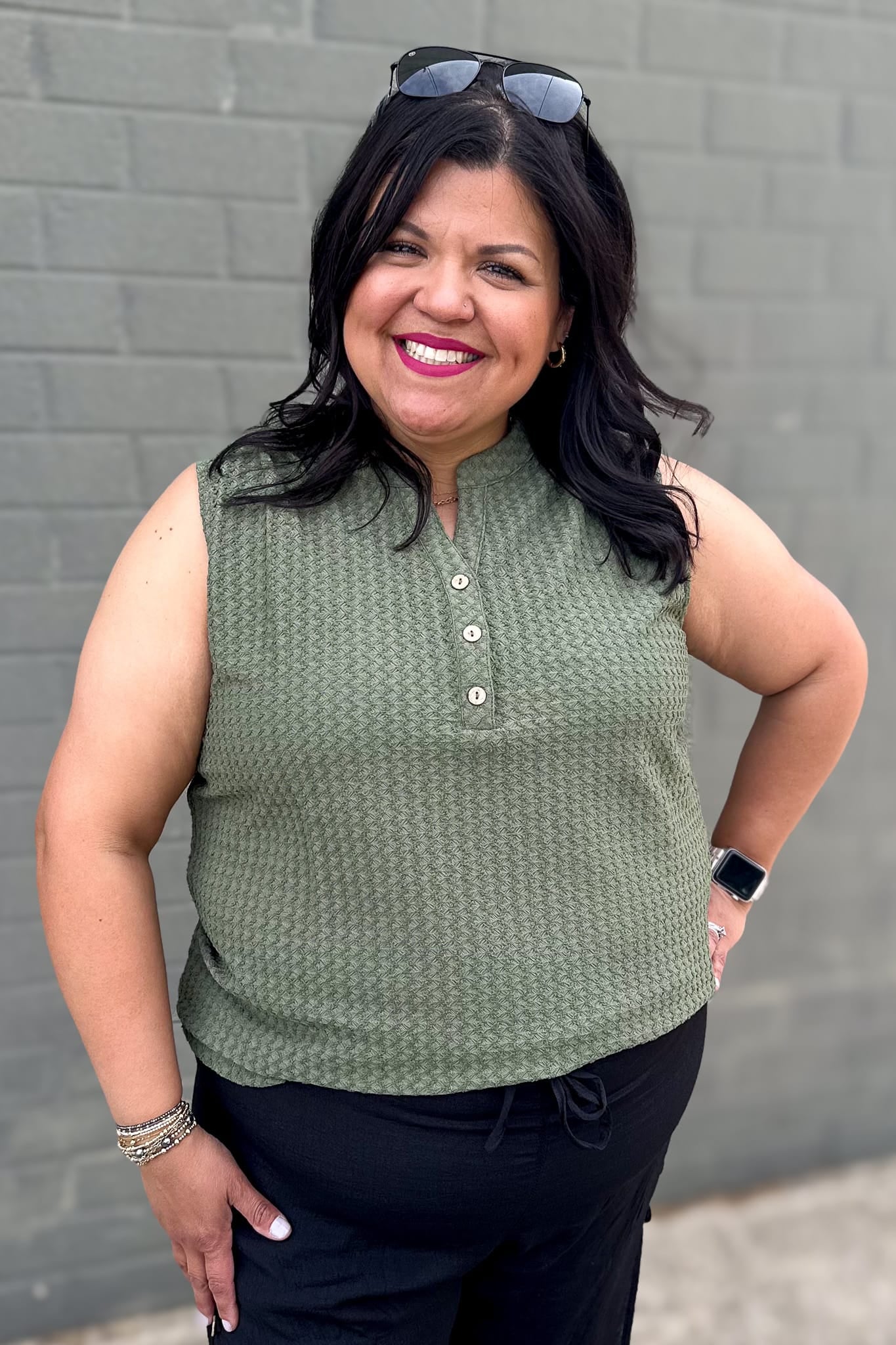 Khaki Green Textured Henley Sleeveless Top