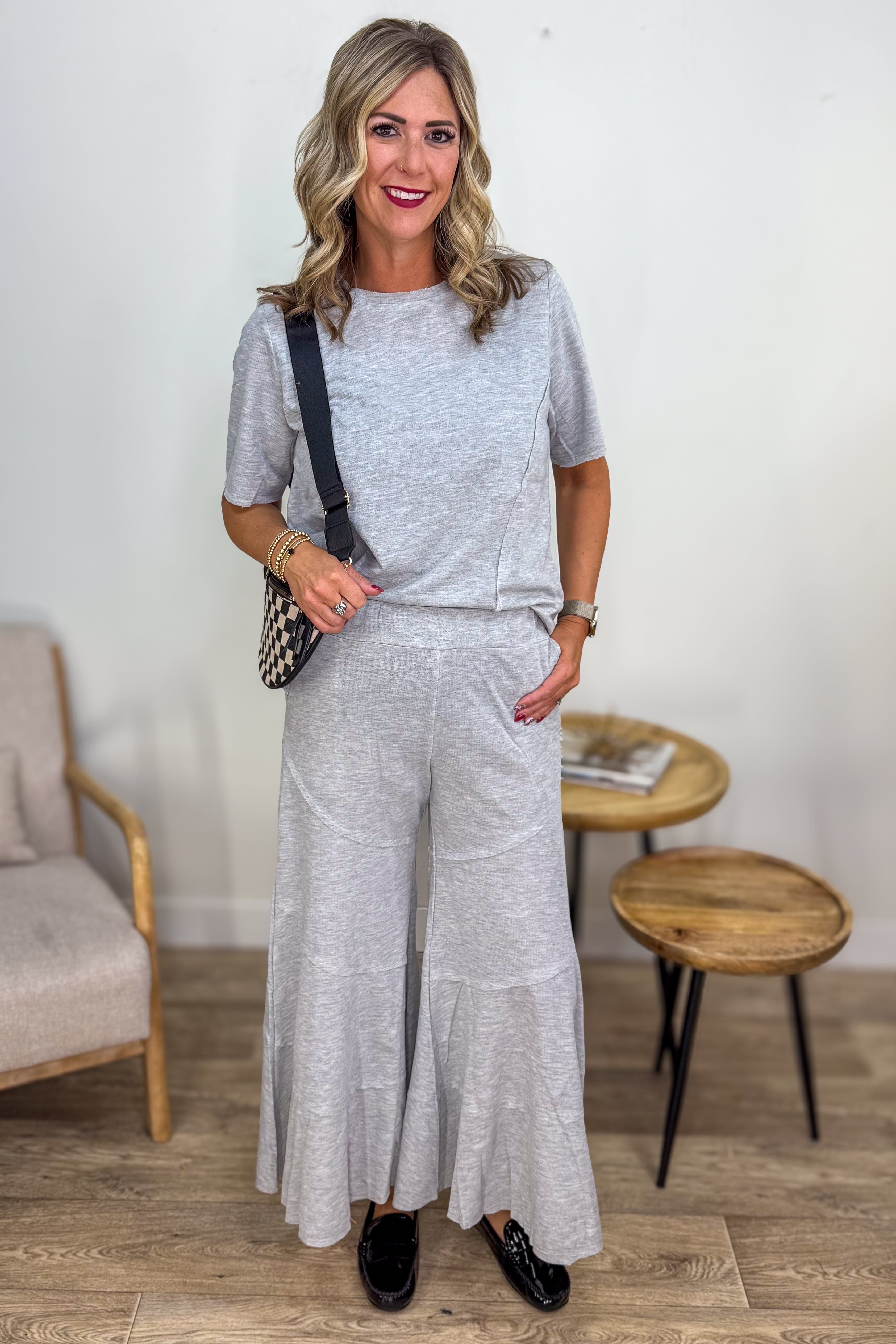 Light Grey Raw Hem Flare Knit Pant