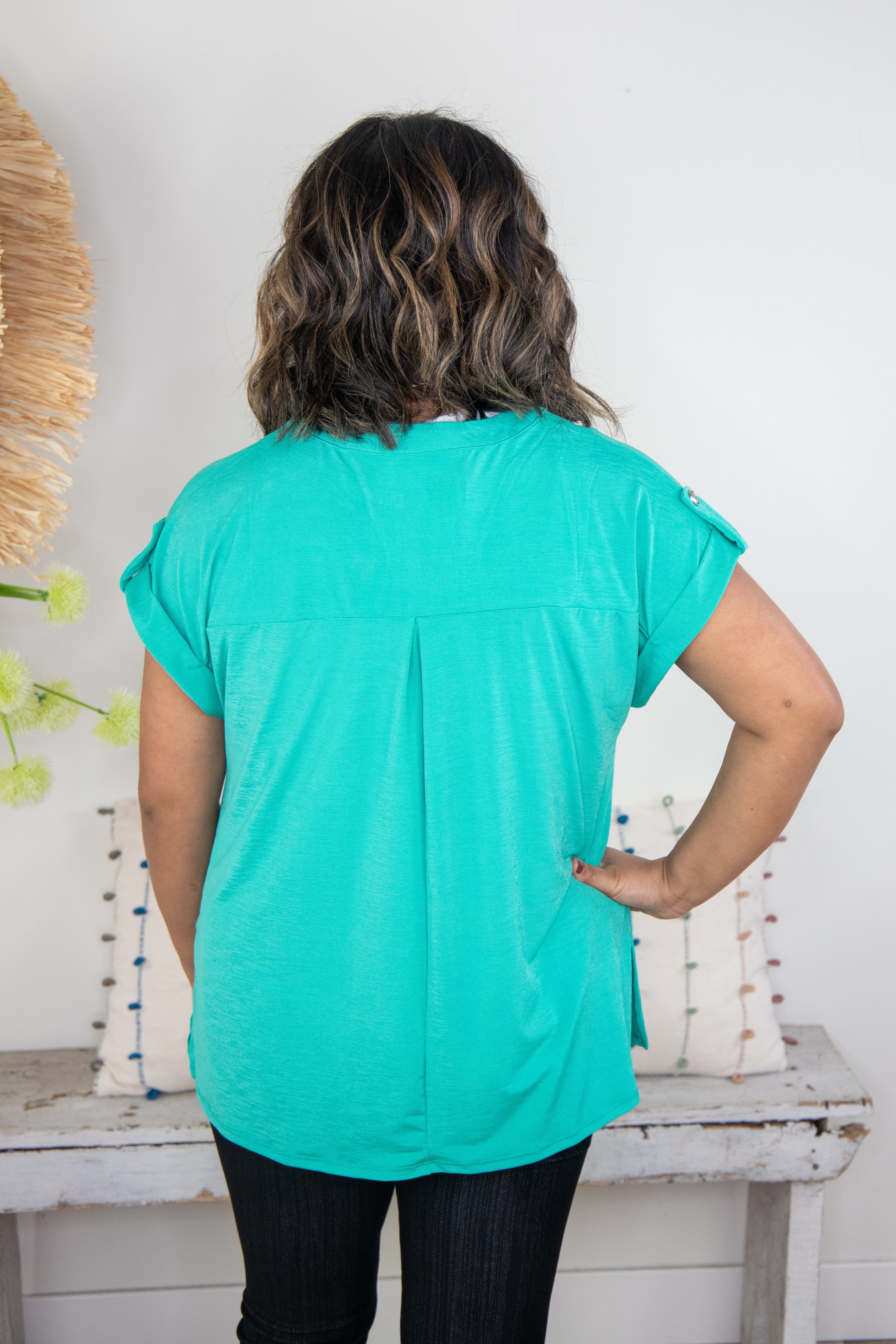 Emerald Button Cuffed Sleeve Top, back