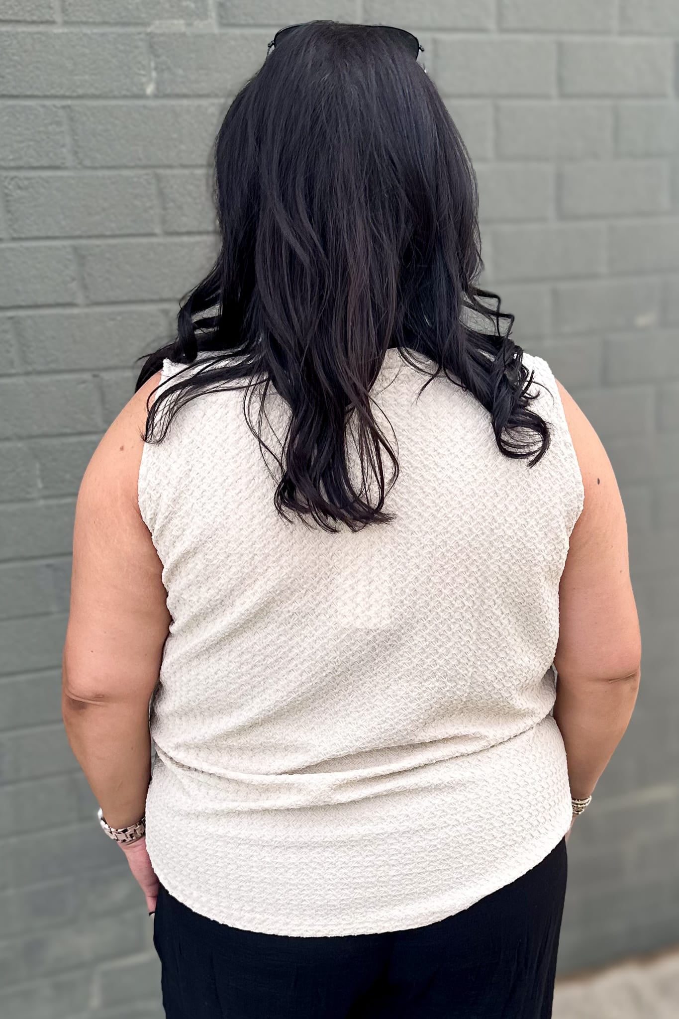 Beige Textured Henley Sleeveless Top Back