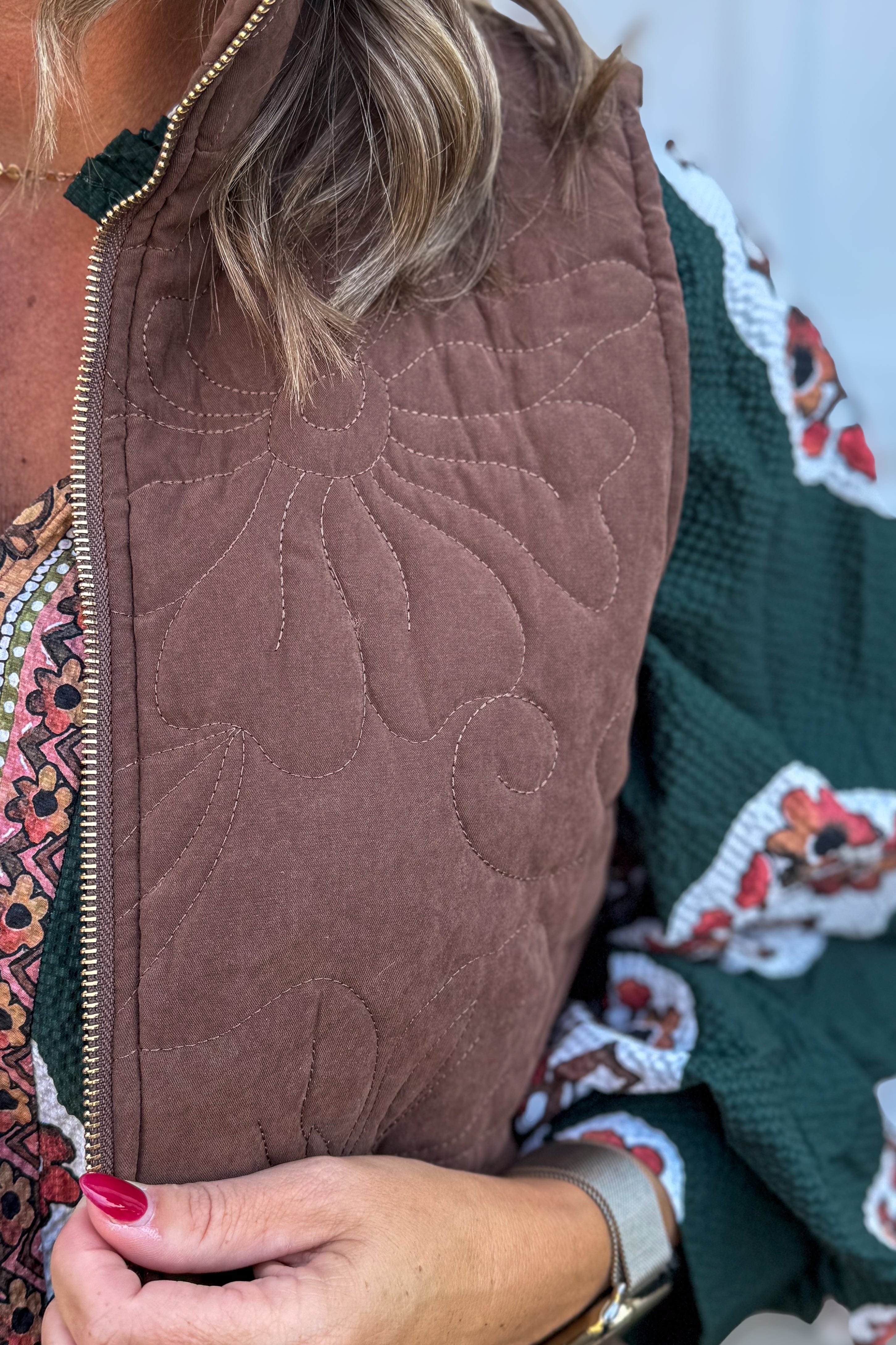 Brown Side Slit Quilted Vest Detailed