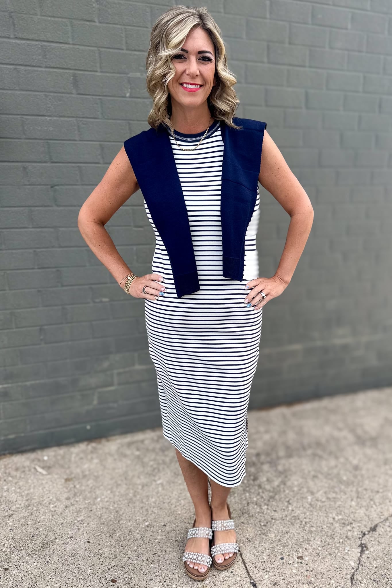 Navy Stripe Contrast Midi Dress Styled