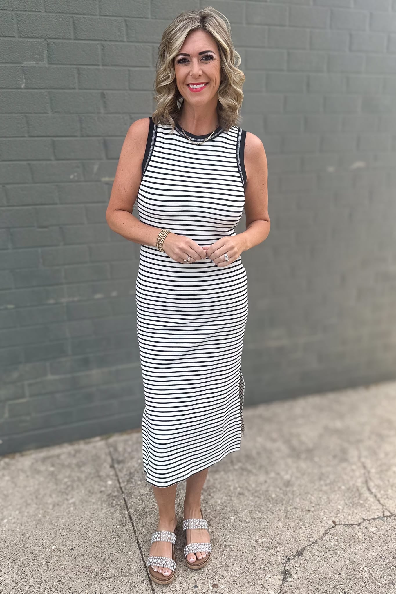Black Stripe Contrast Midi Dress LG