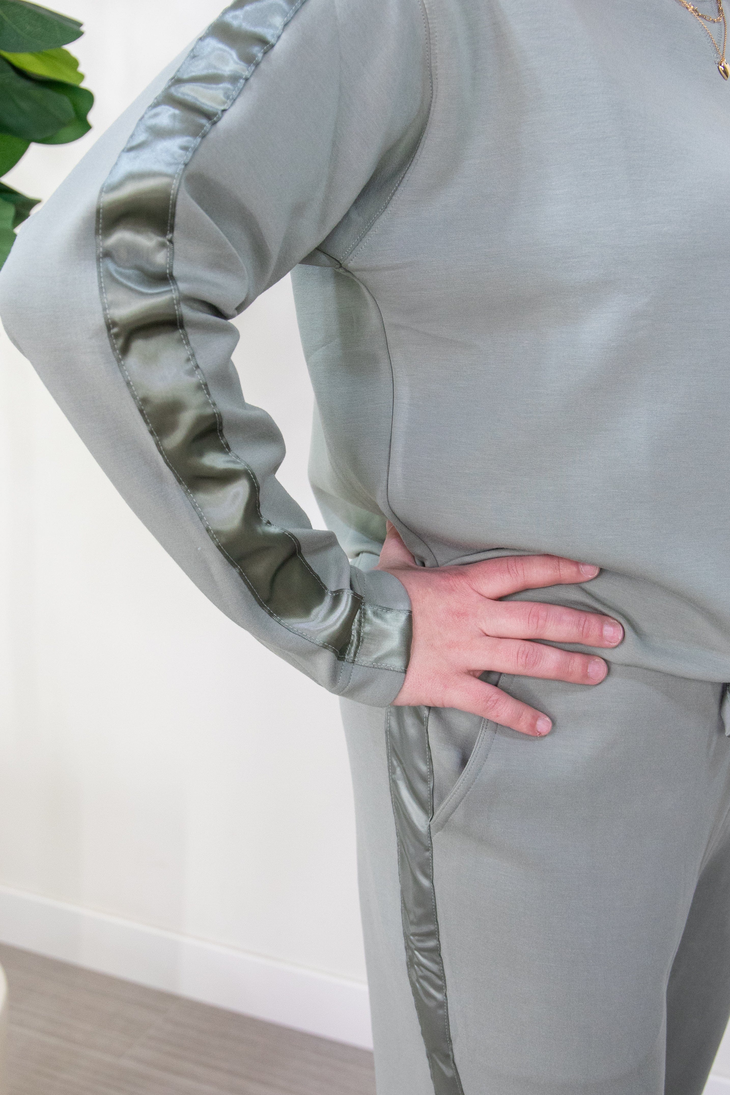 Dusty Sage Crewneck with Side Satin Detail