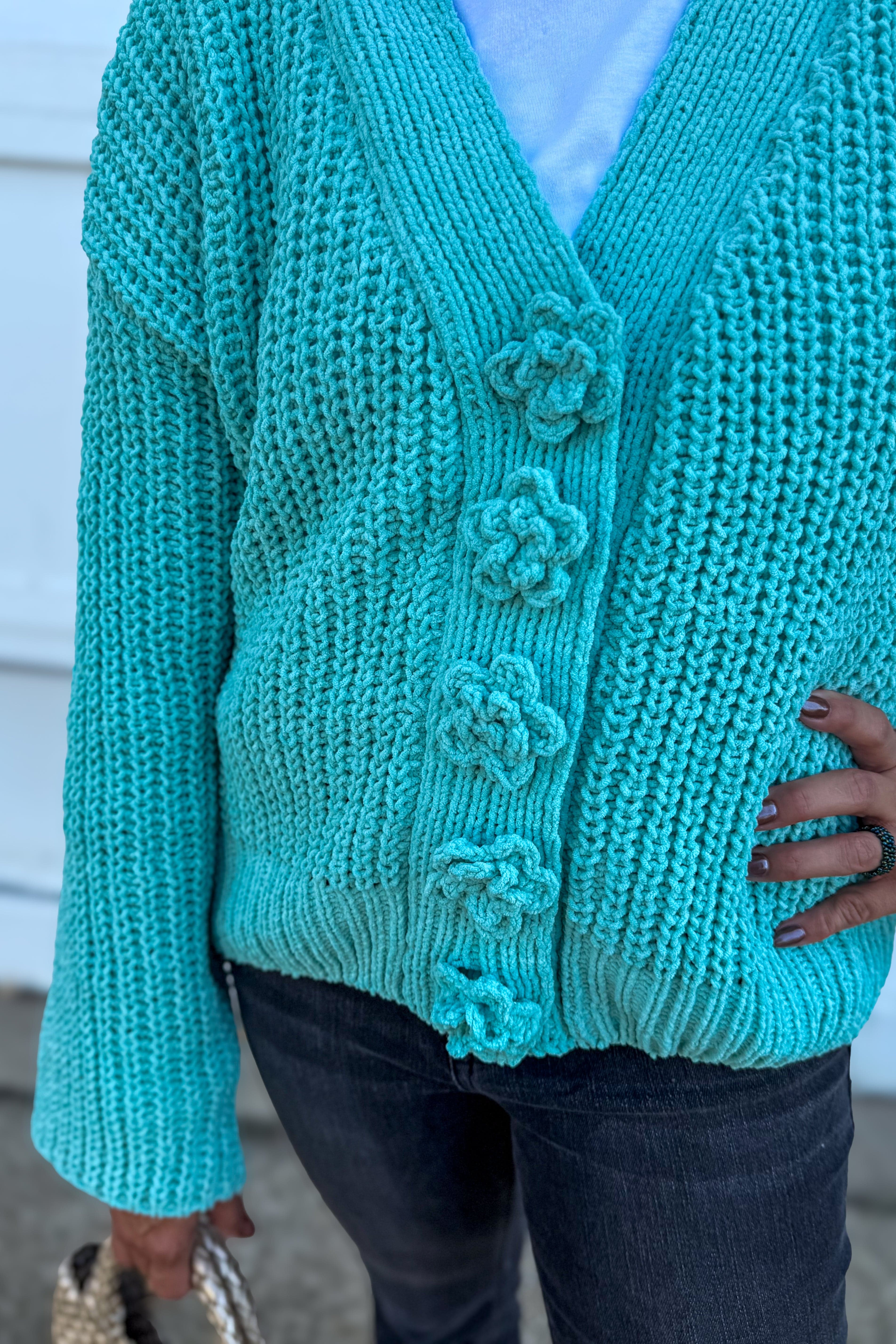 Aqua Chenille Floral Button Cardigan Detailed