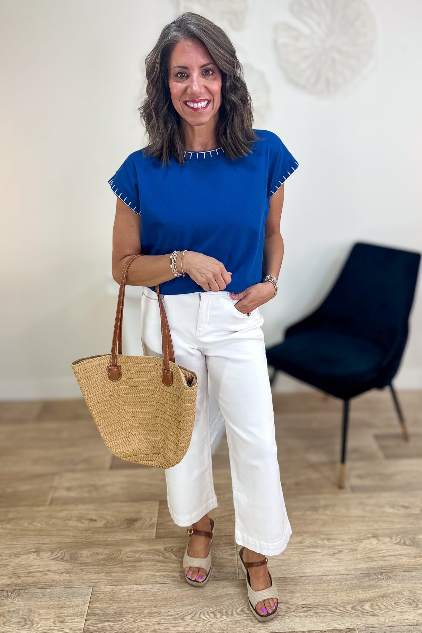 Light Navy Stitch Detail Top