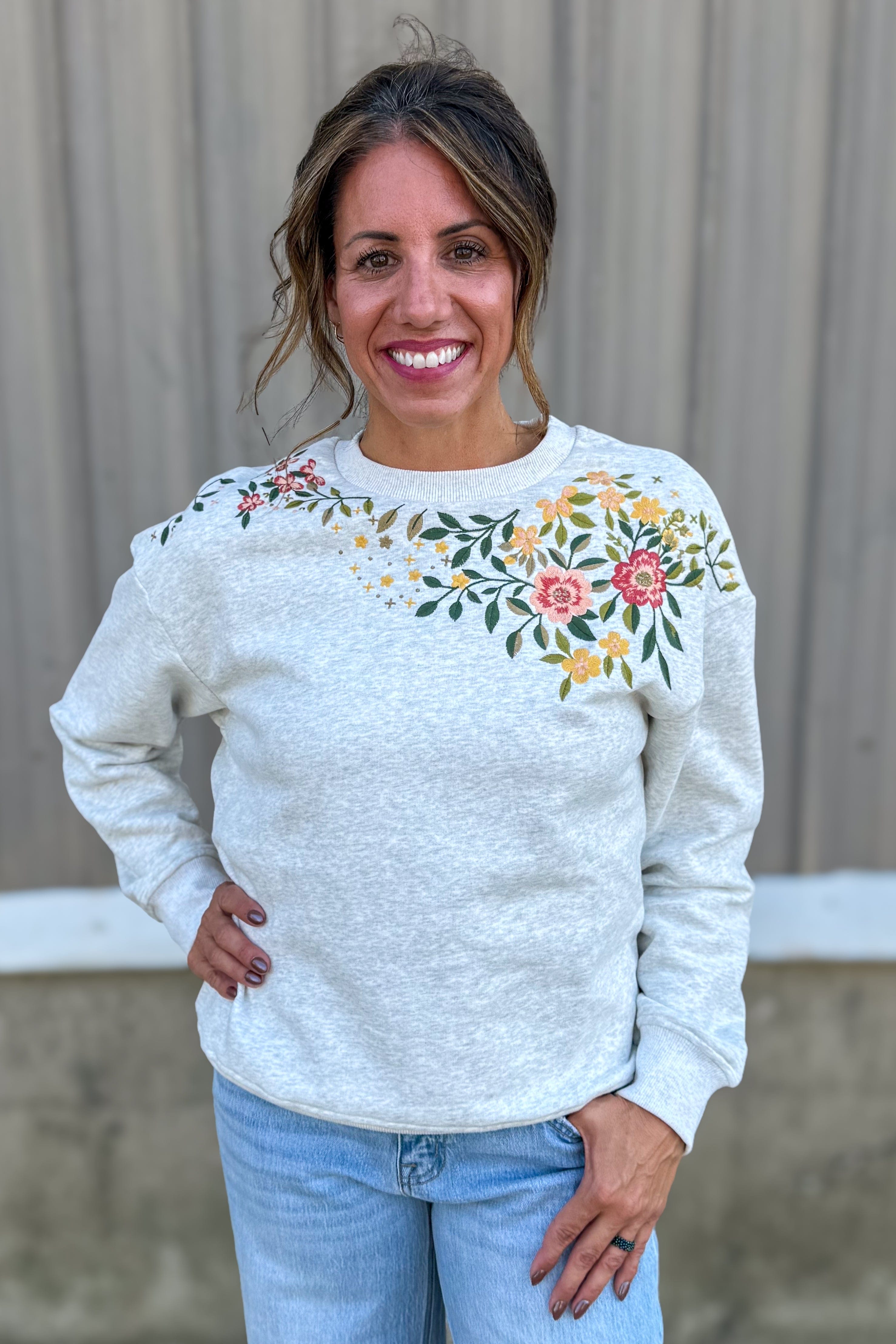 Grey Floral Embroidered Sweatshirt