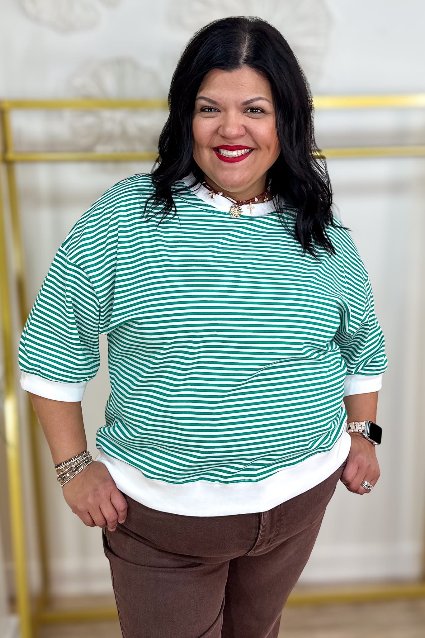 Kelly Green Stripped Contrast Trim Banded Top