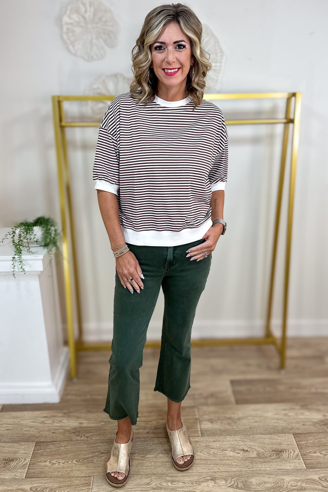 Brown Stripped Contrast Trim Banded Top Styled