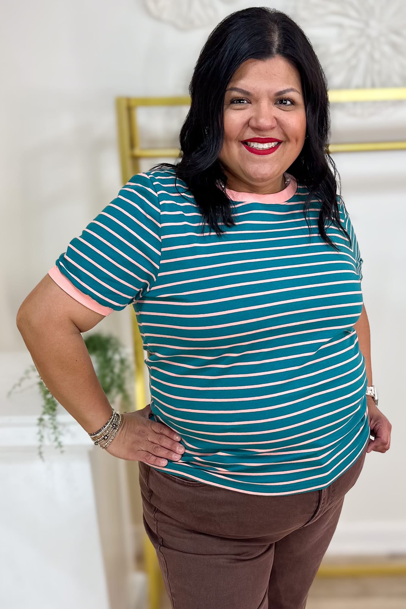 Dark Jade Stripe Contrast Trim Top