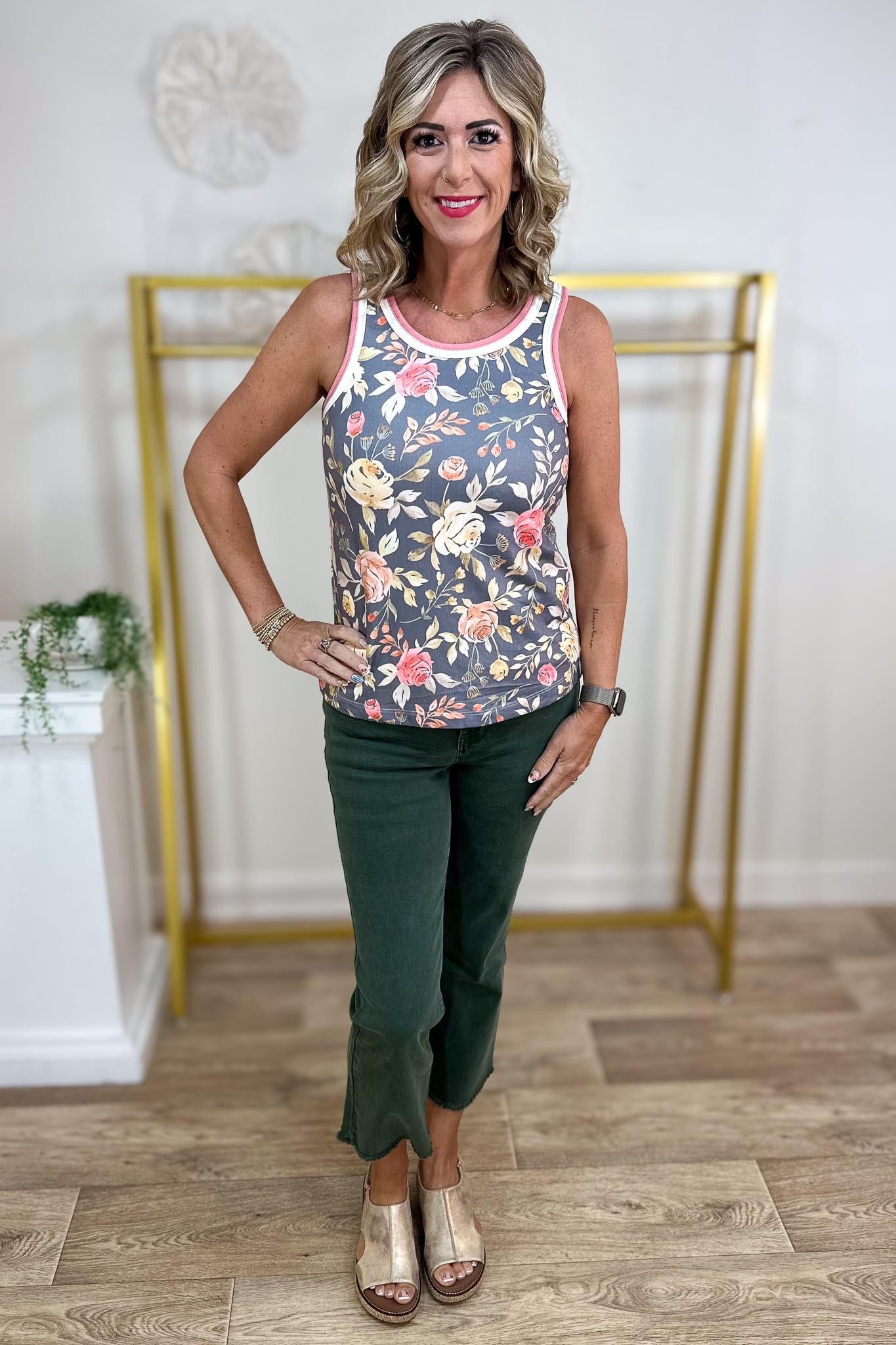 Grey Floral Double Binding Trim Tank Styled