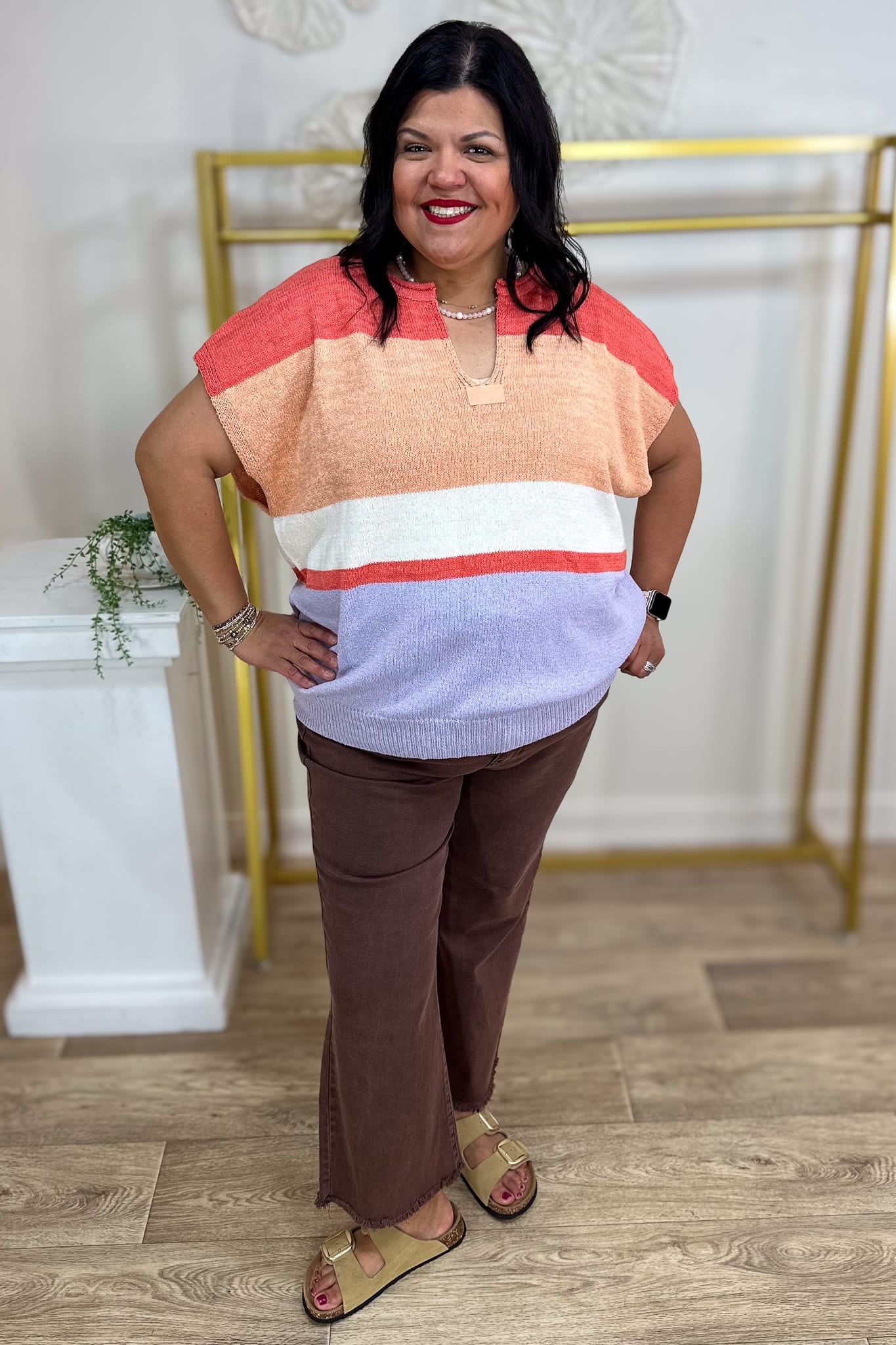 Coral Multi Stripe Notch Neck Sweater Styled