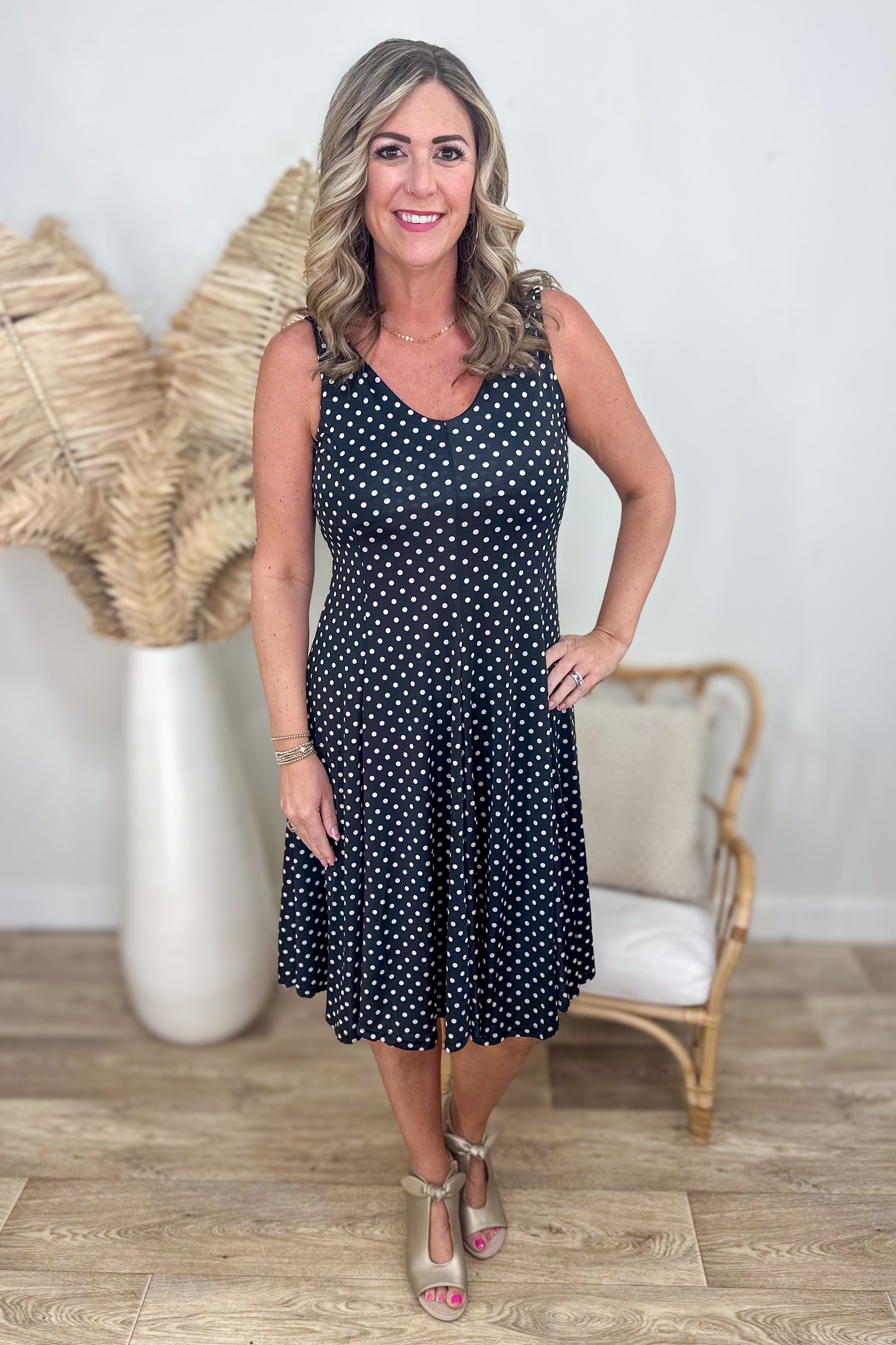 Black & White Polk A Dot Pleated Dress styled