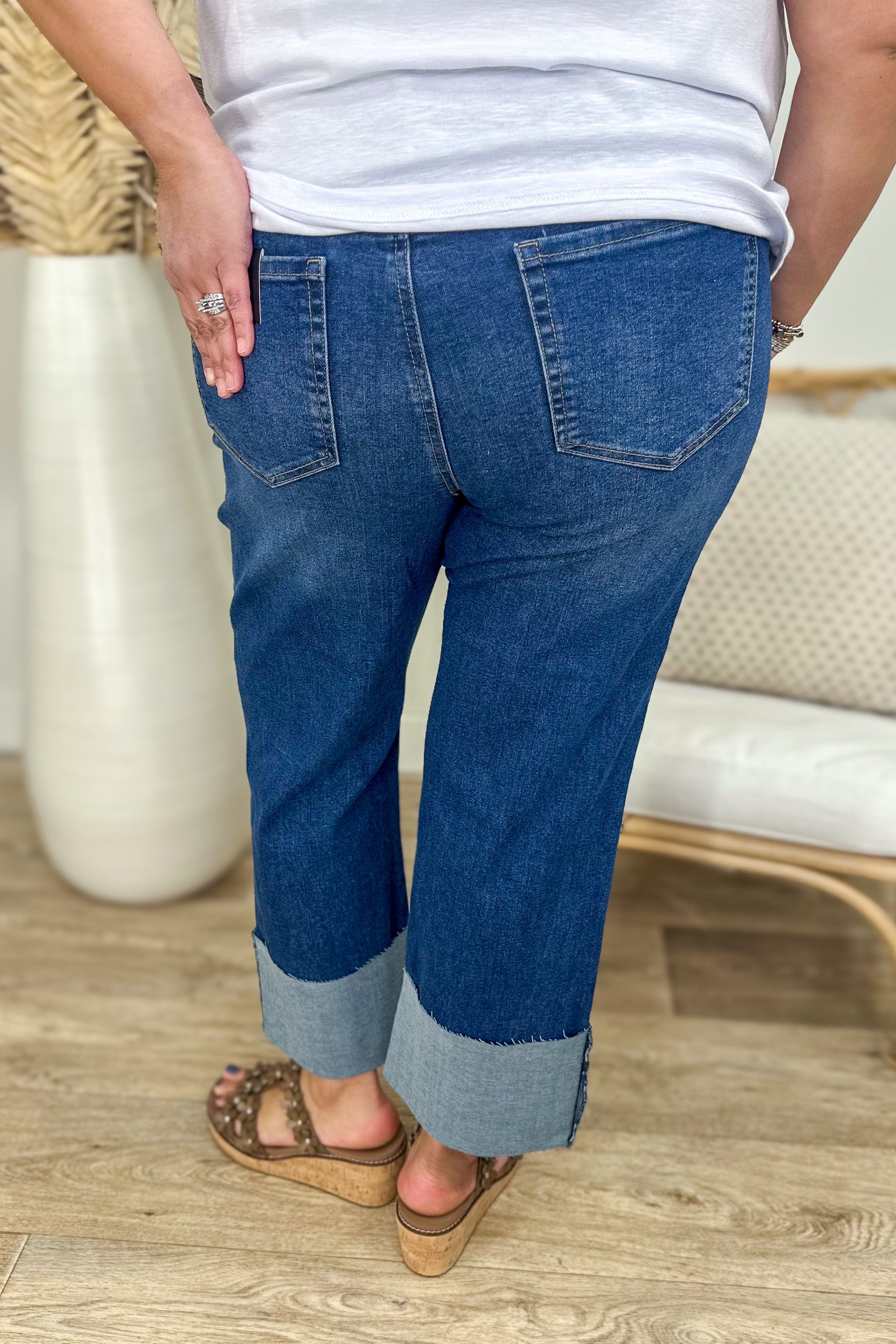 Dark High Rise Straight Cuff Denim back