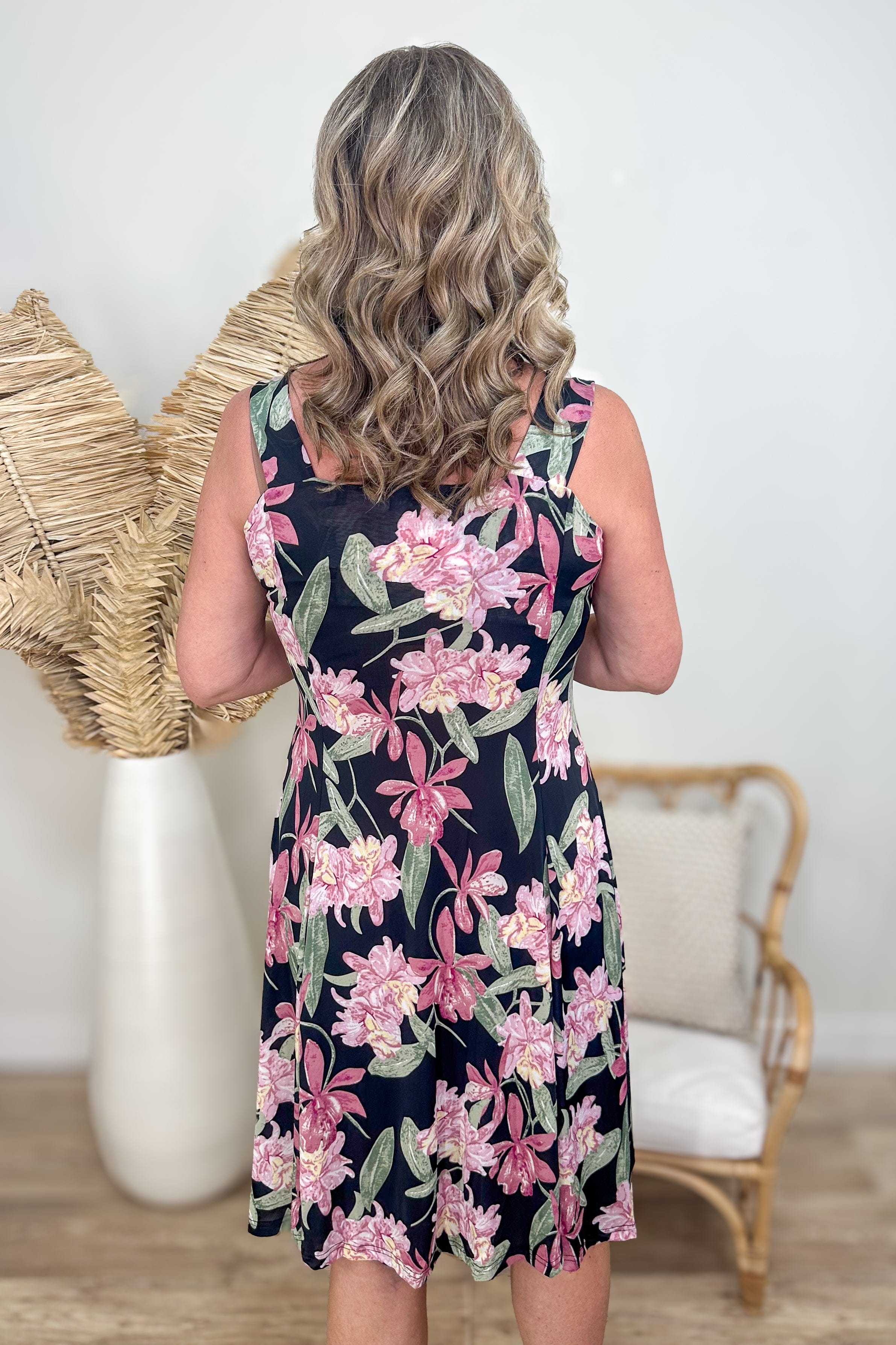 Black Floral Pleated Dress back