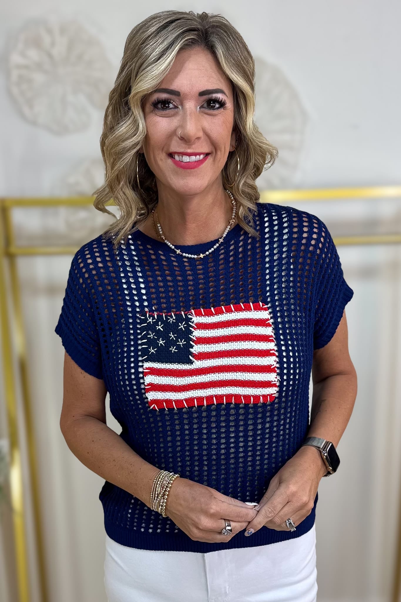 Navy American Flag Open Stitch Sweater
