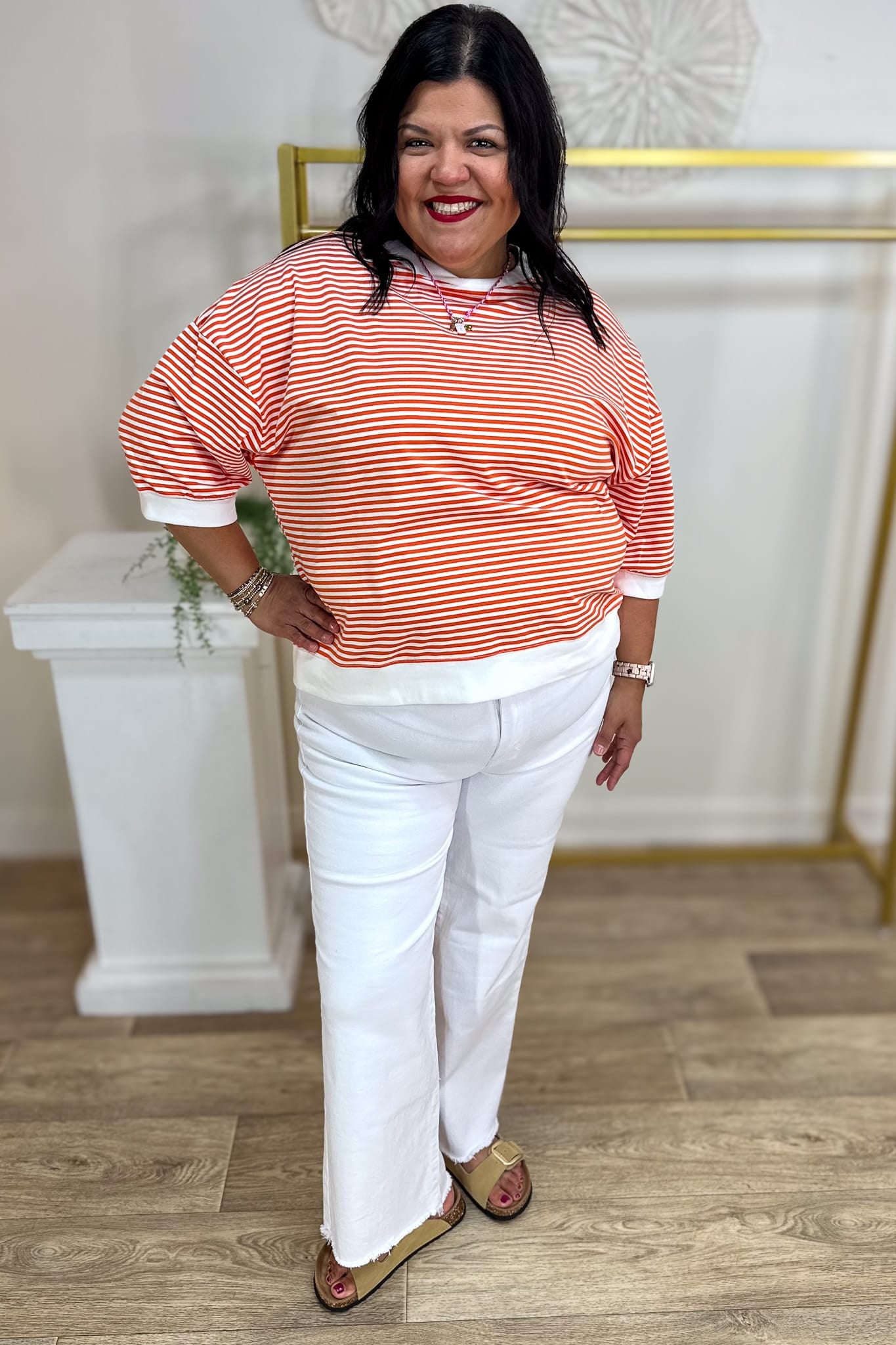 Orange Stripped Contrast Trim Banded Top Styled