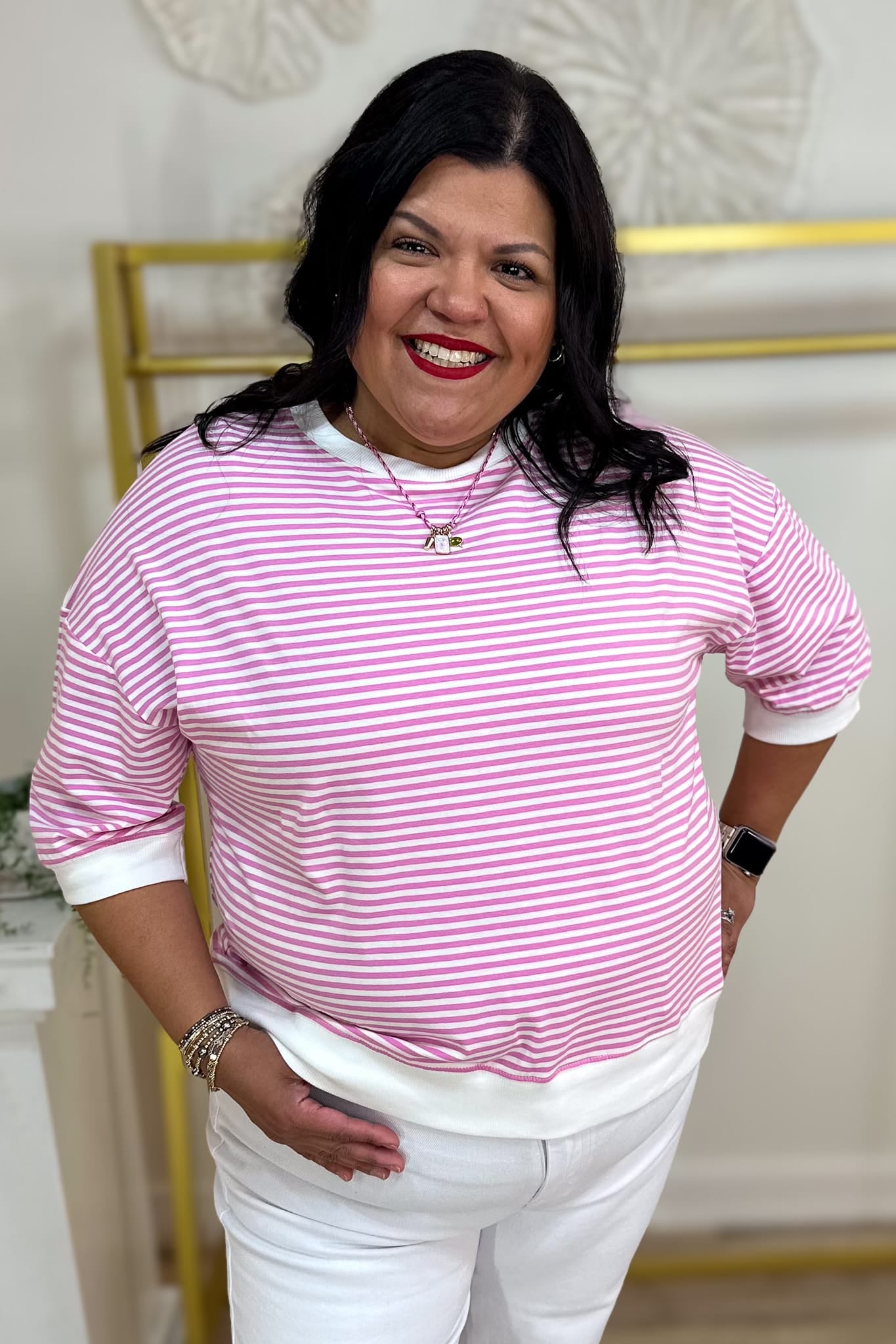Candy Pink Stripped Contrast Trim Banded Top