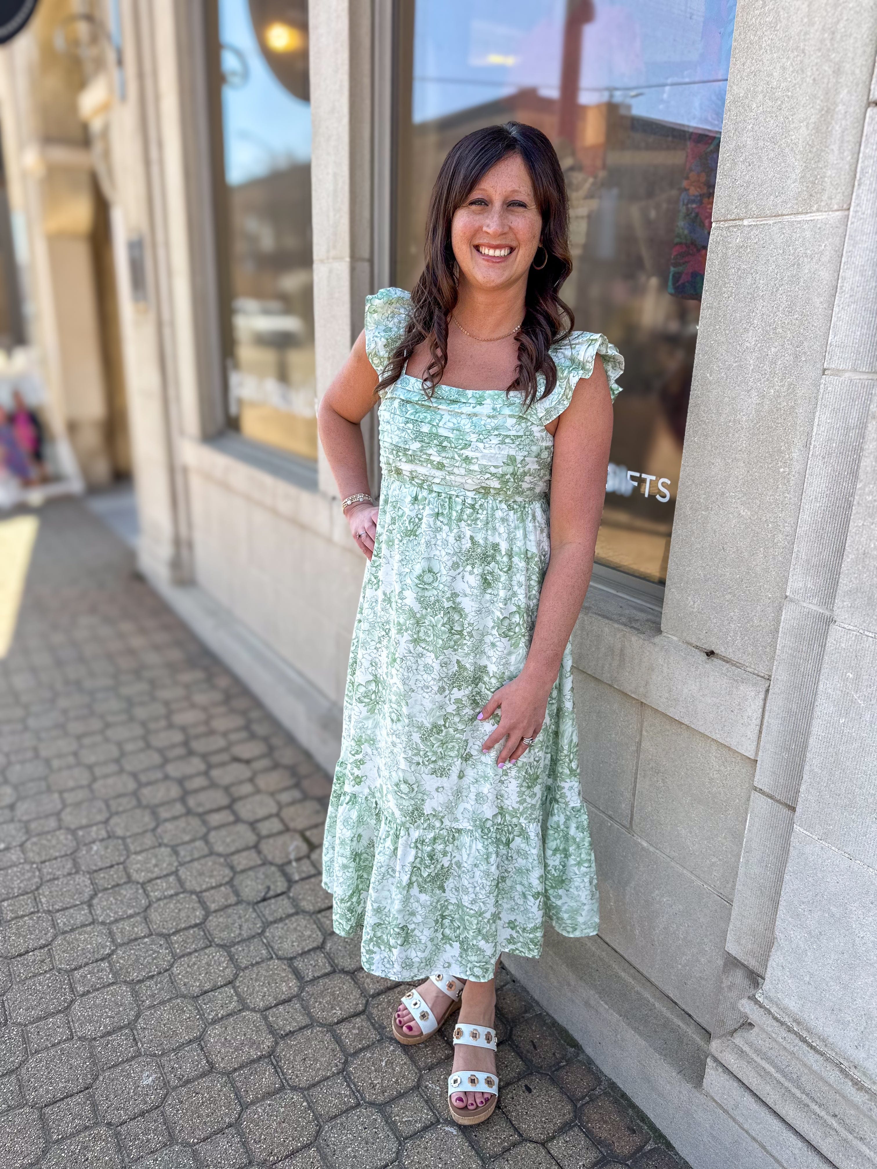 Green Vintage Floral Pleated Top Dress