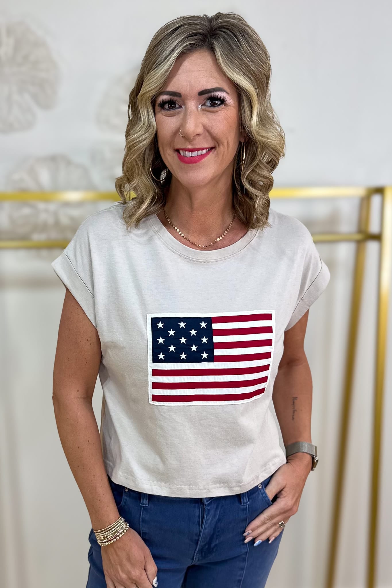Sand Beige American Flag Tee