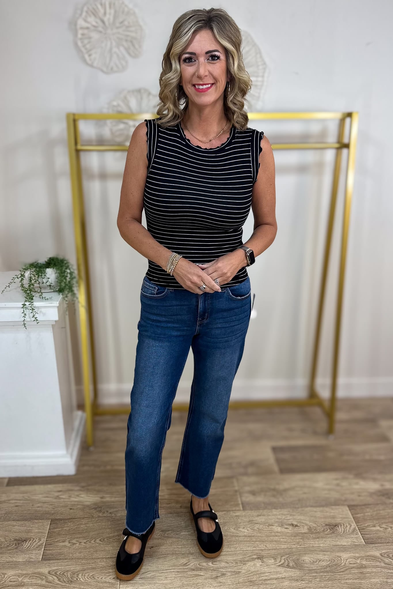 Black & White Stripe Ruffle Trim Top Styled