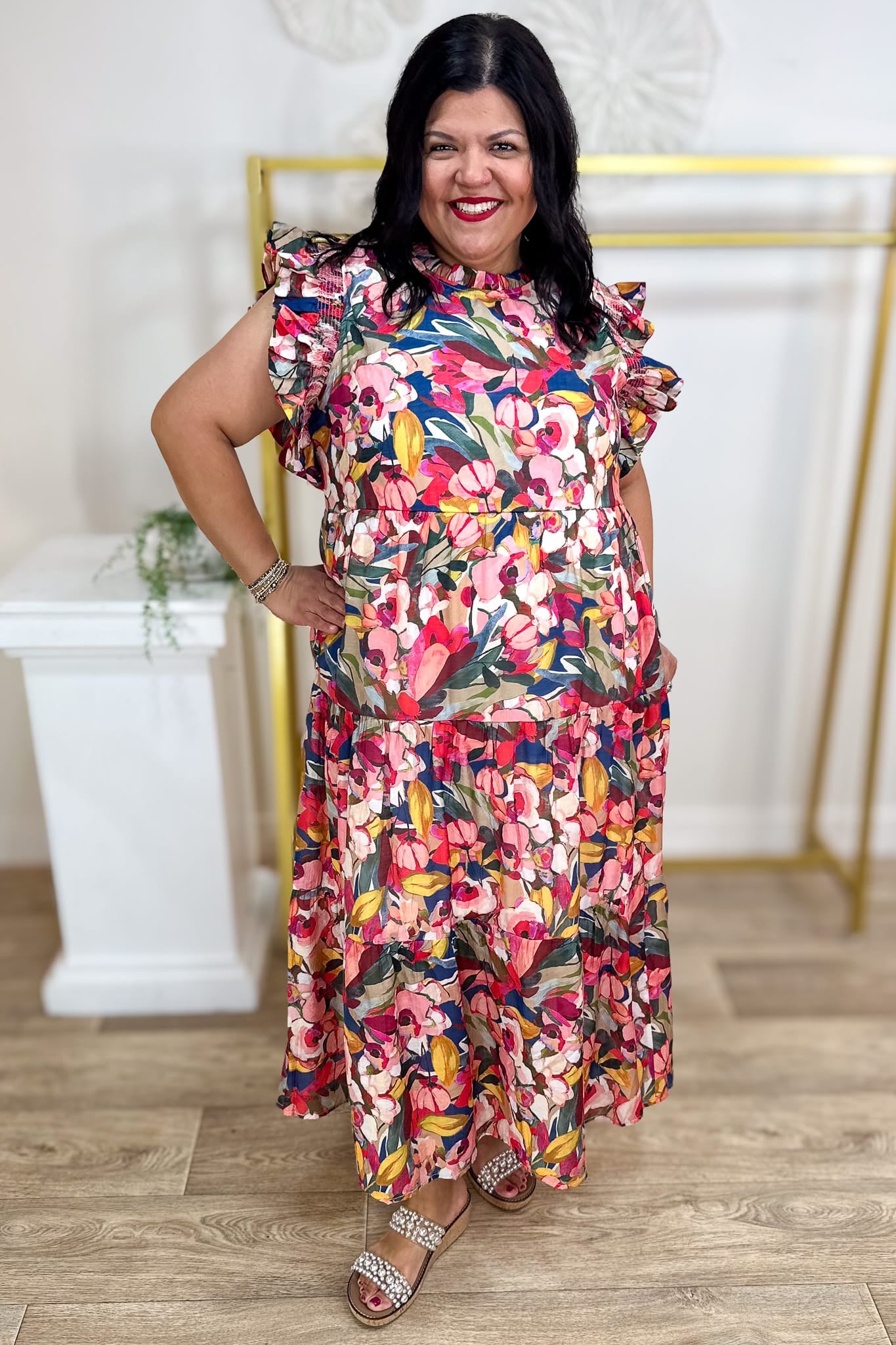 Multi Abstract Floral Ruffle Sleeve Maxi Dress