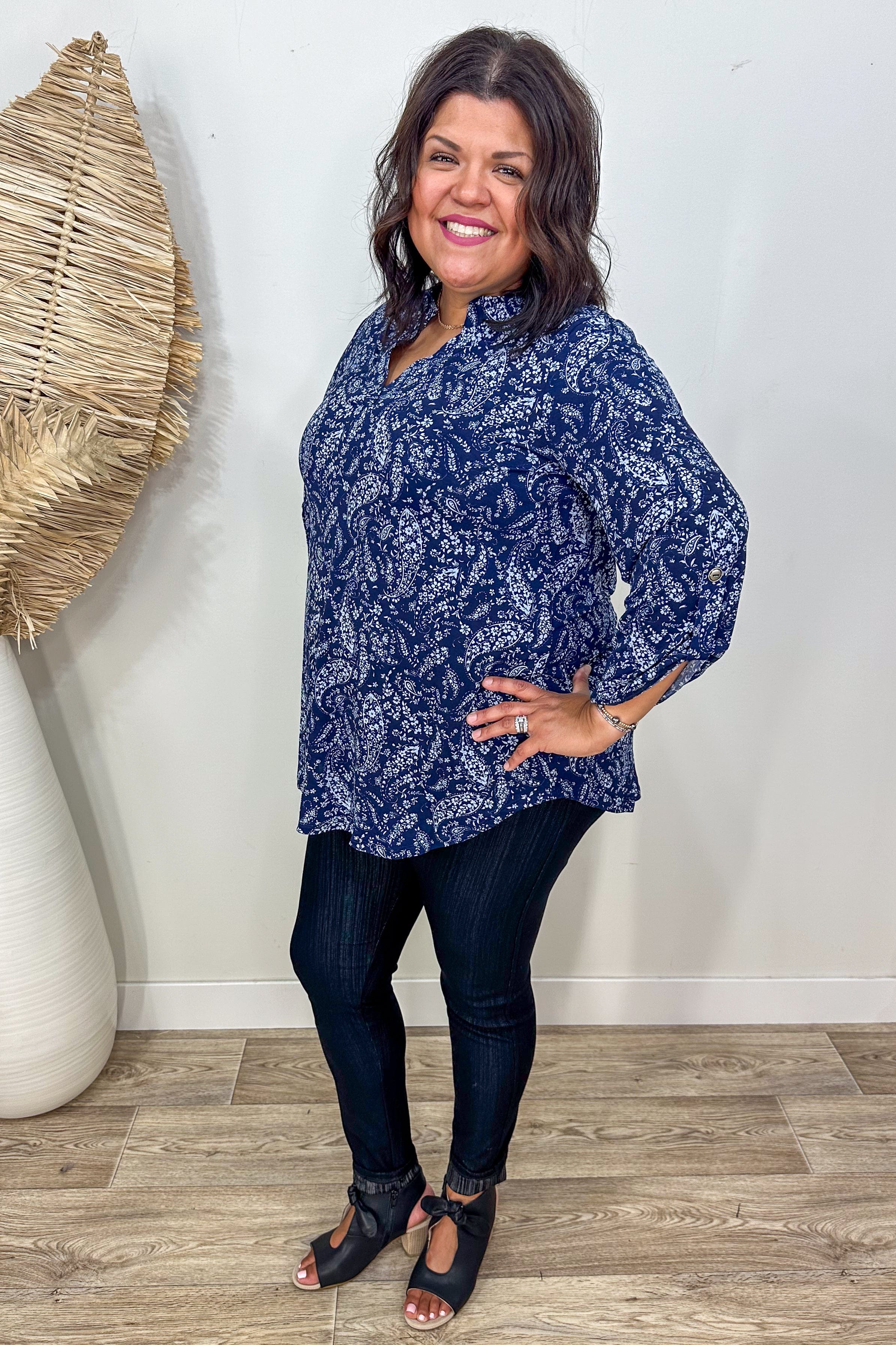 Navy Floral Paisley Lizzy Top styled