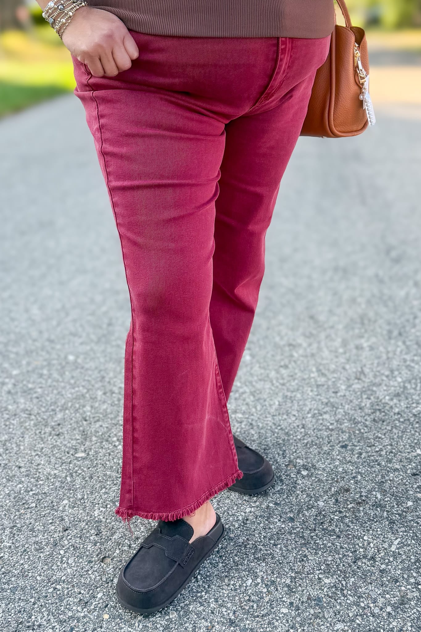Dark Burgundy Acid Wash Crop Denim