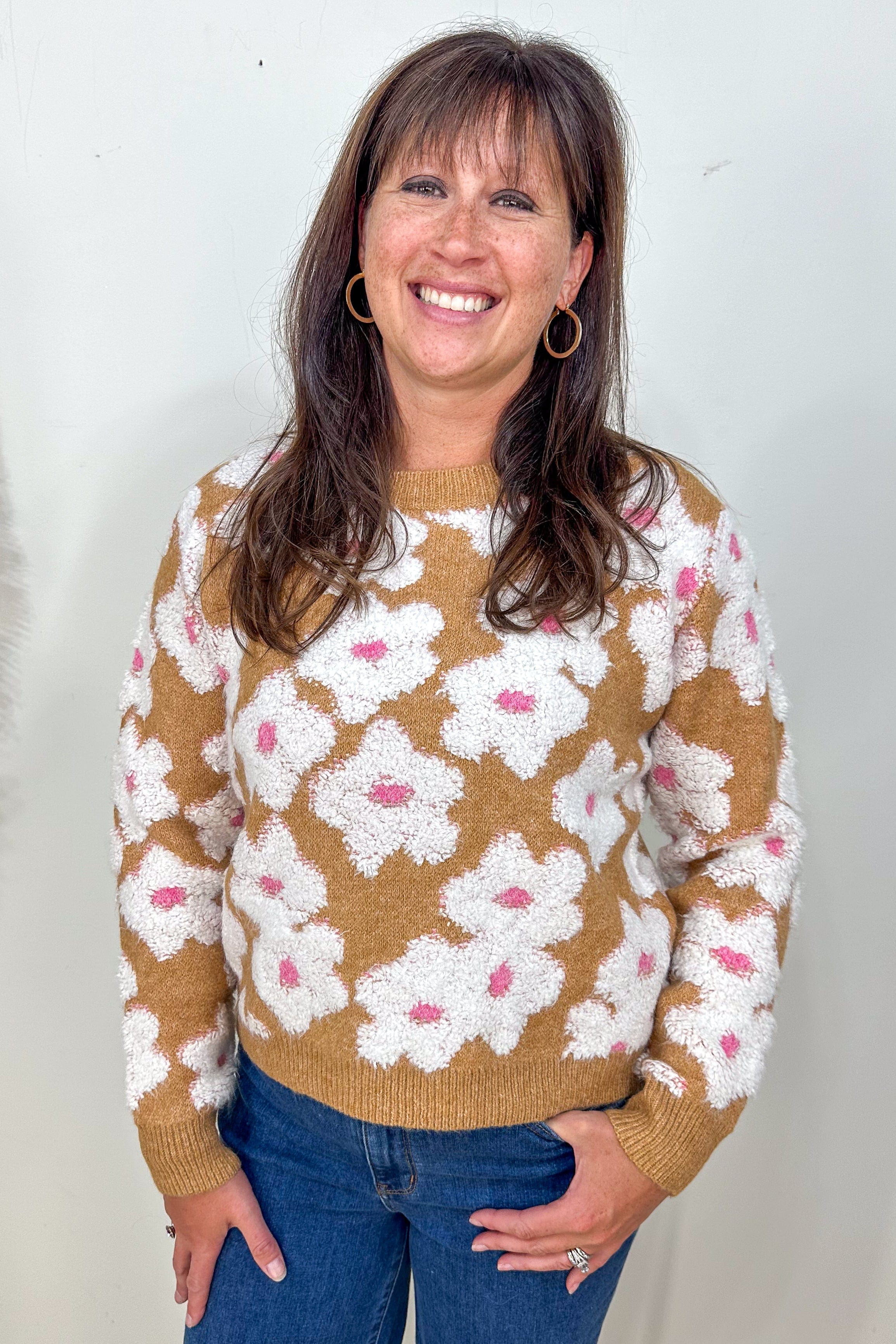 Camel with White Floral Sweater