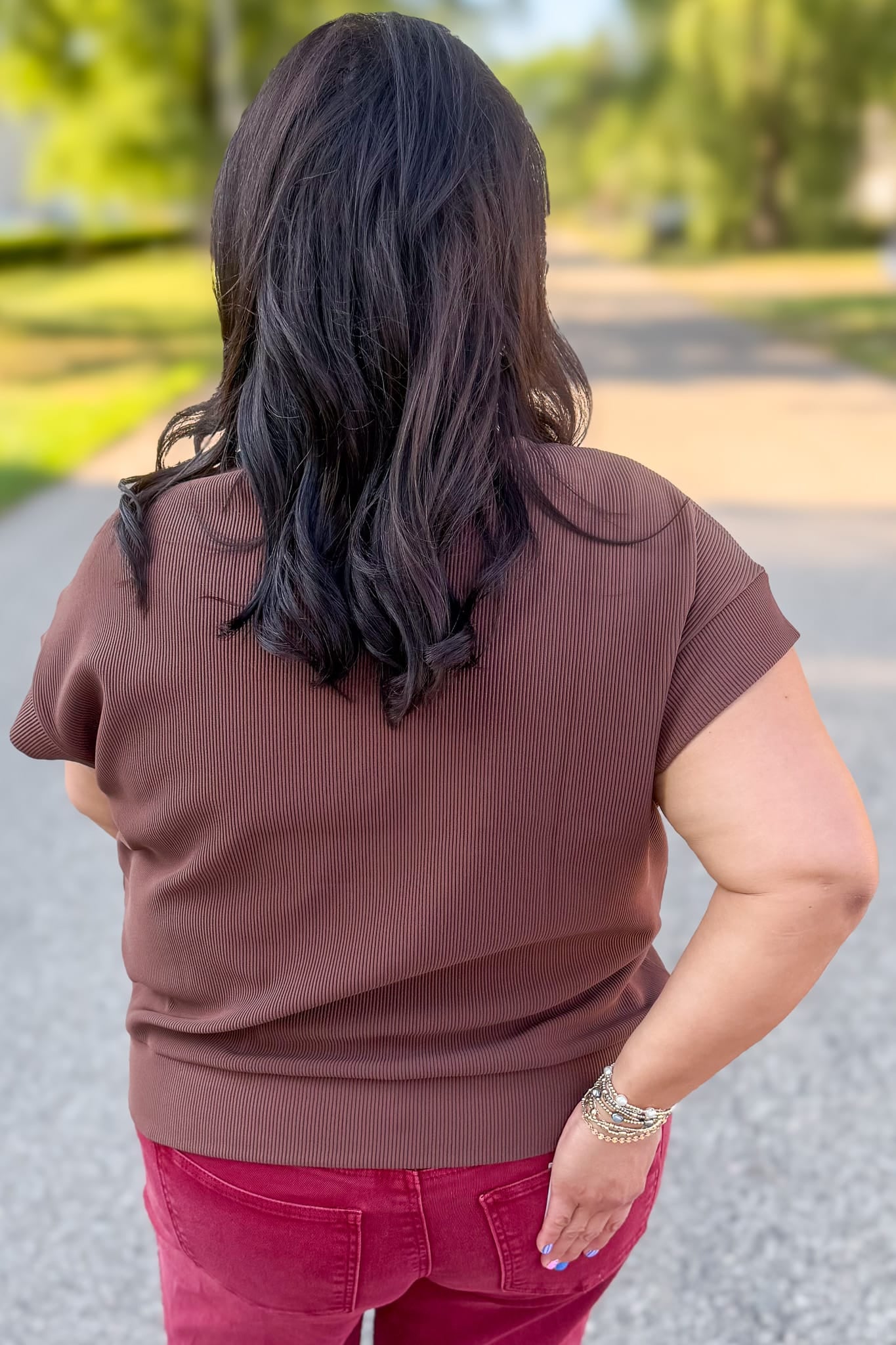 Brown Rib High Neck Zip Top Back