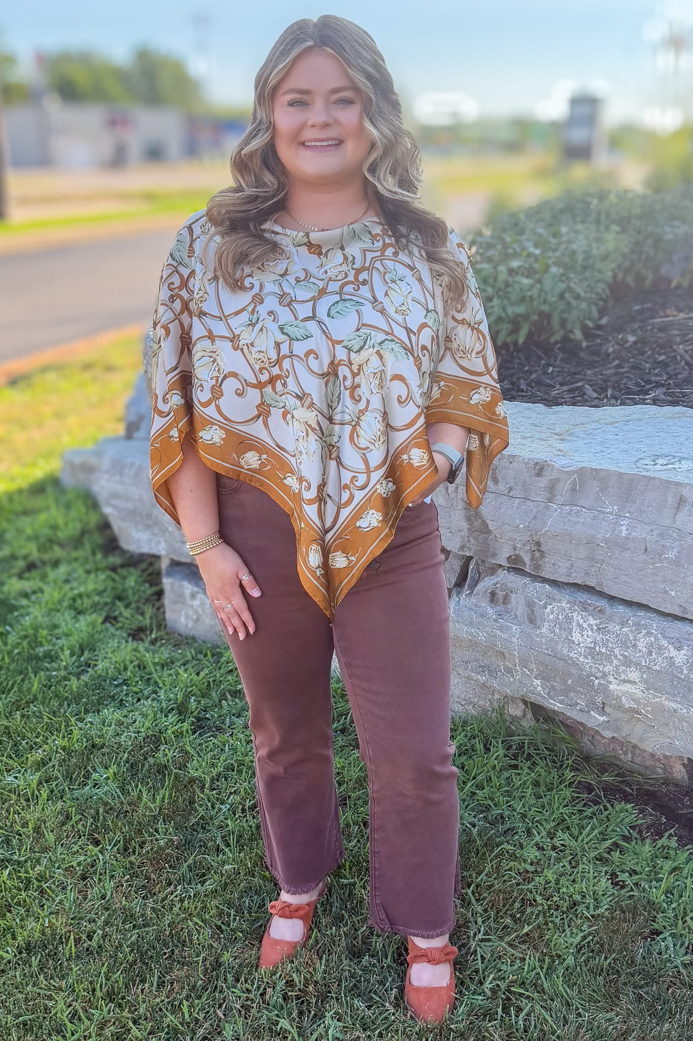Brown Floral Filigree Scarf Poncho Styled