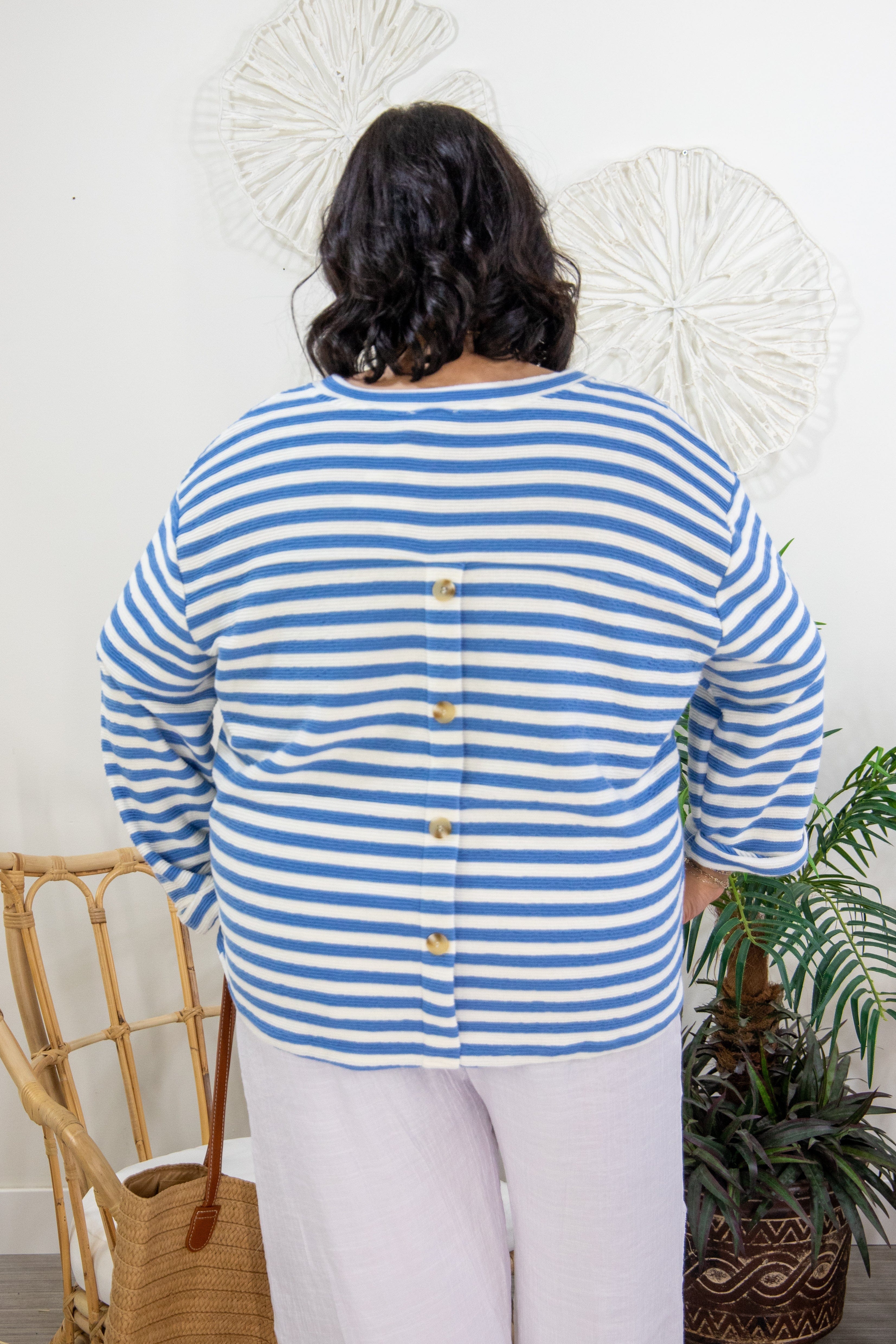 Blue & Ivory Button Back Knit Top, back