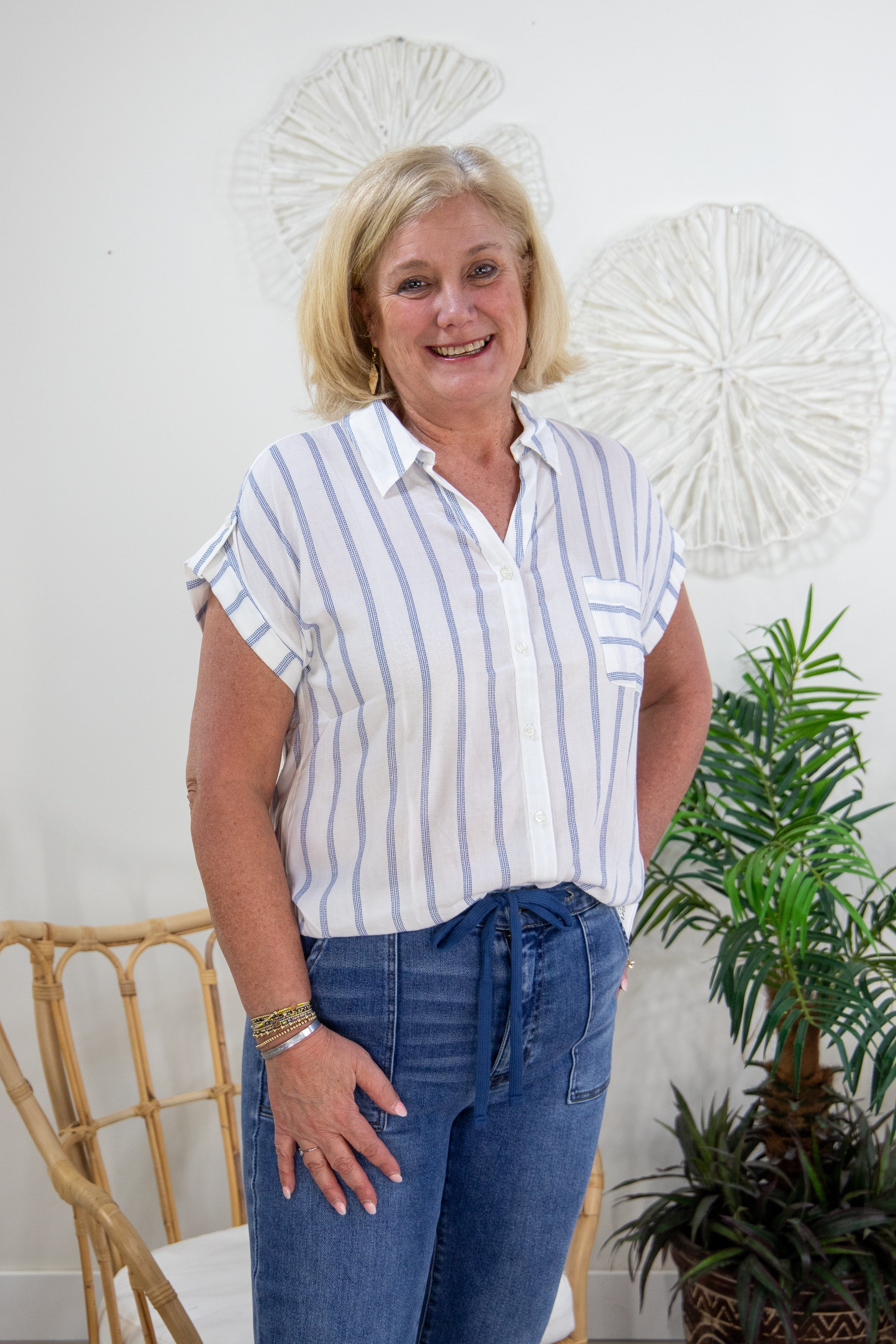 Blue Stripe Roll Up Sleeve Top