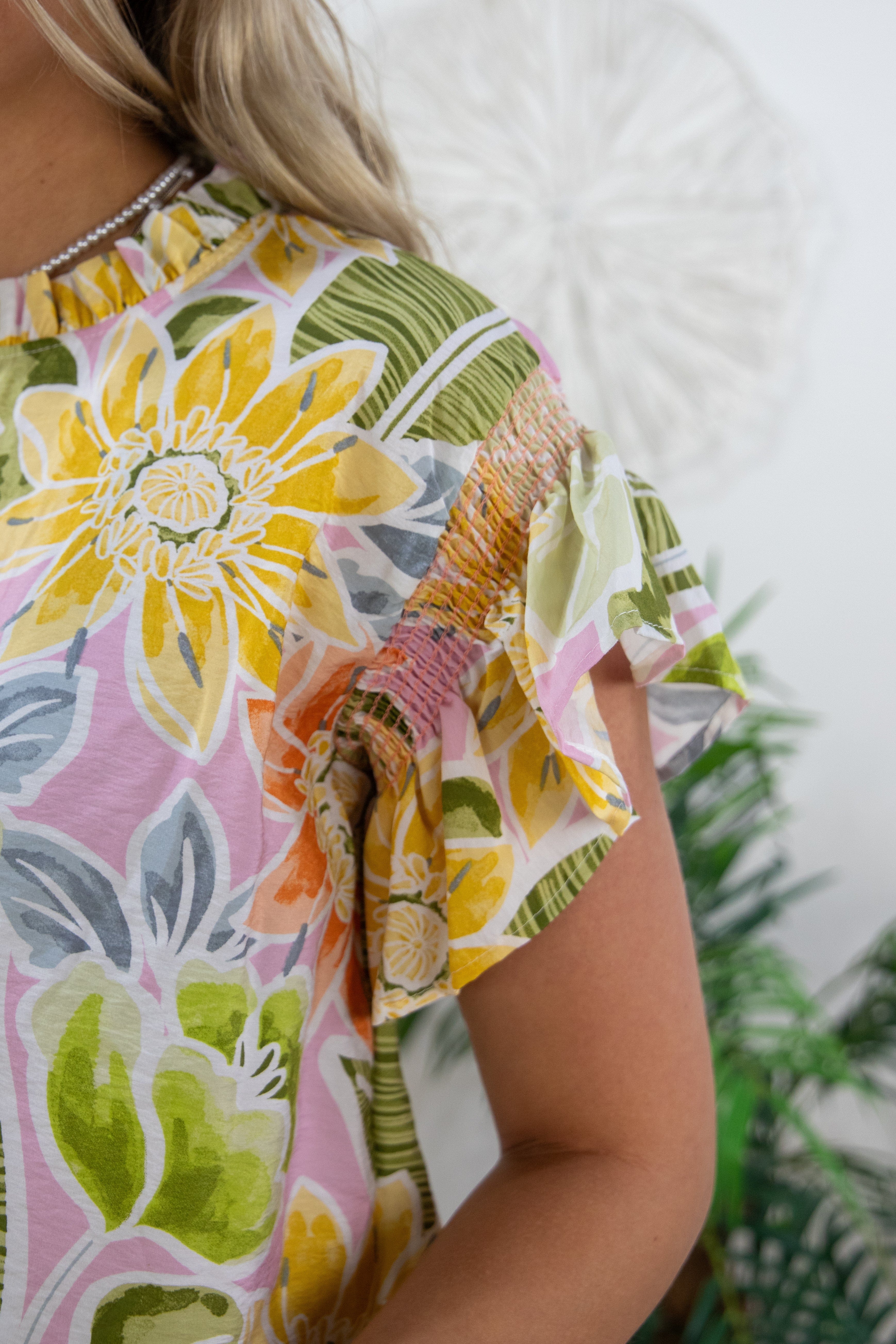 Pastel Floral Back Keyhole Blouse, detail