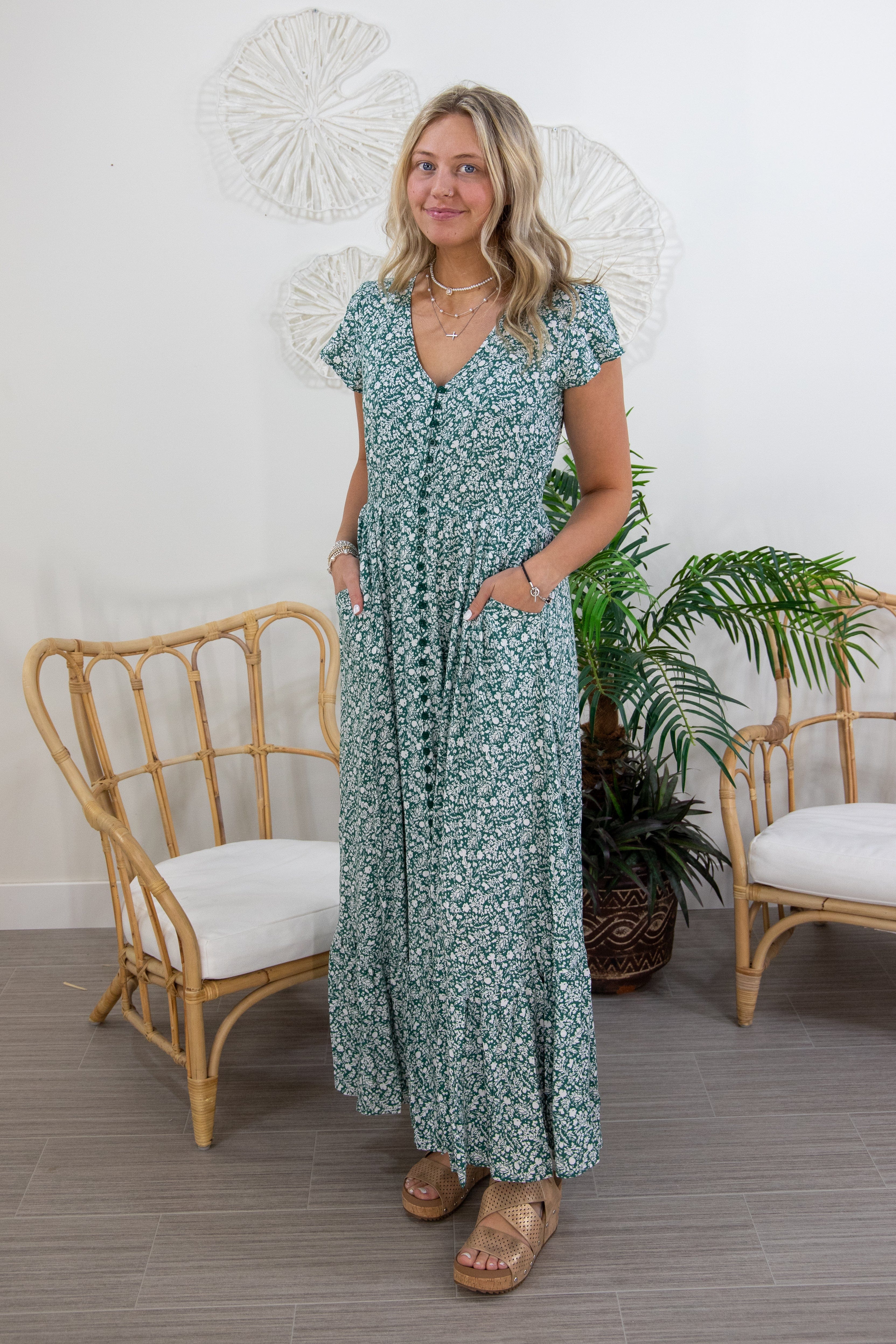 Green Ditsy Floral Button Front Maxi, styled